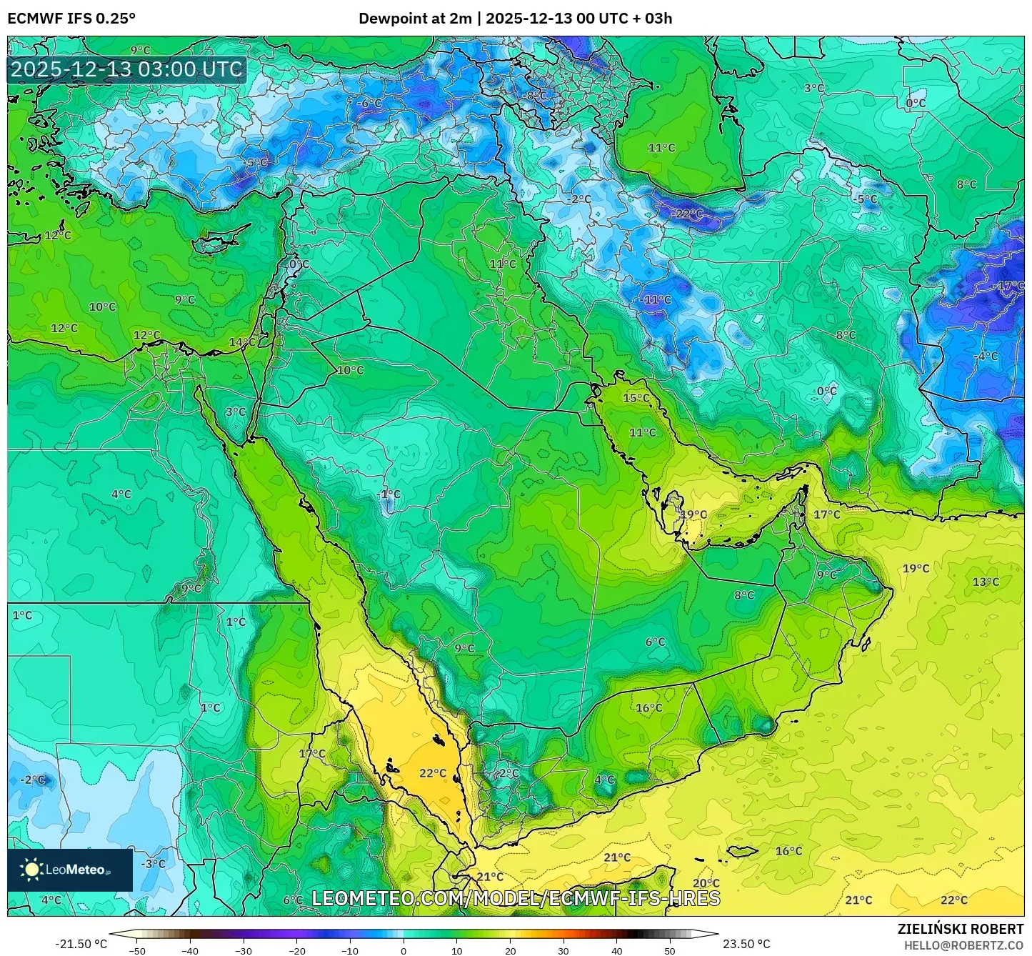 ECMWF IFS 0.25° model - Timur Tengah, Titik Embun 2 m