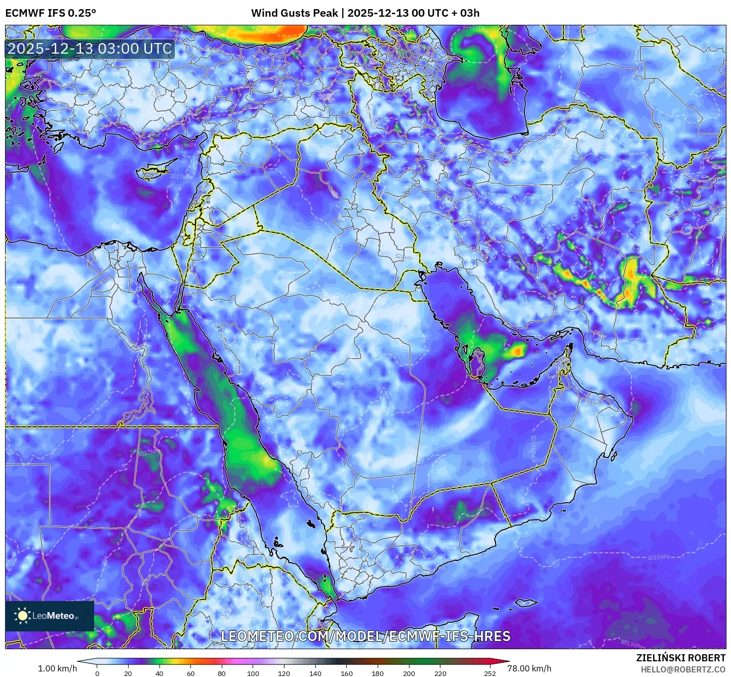 ECMWF IFS 0.25° model - Timur Tengah, Puncak Hembusan