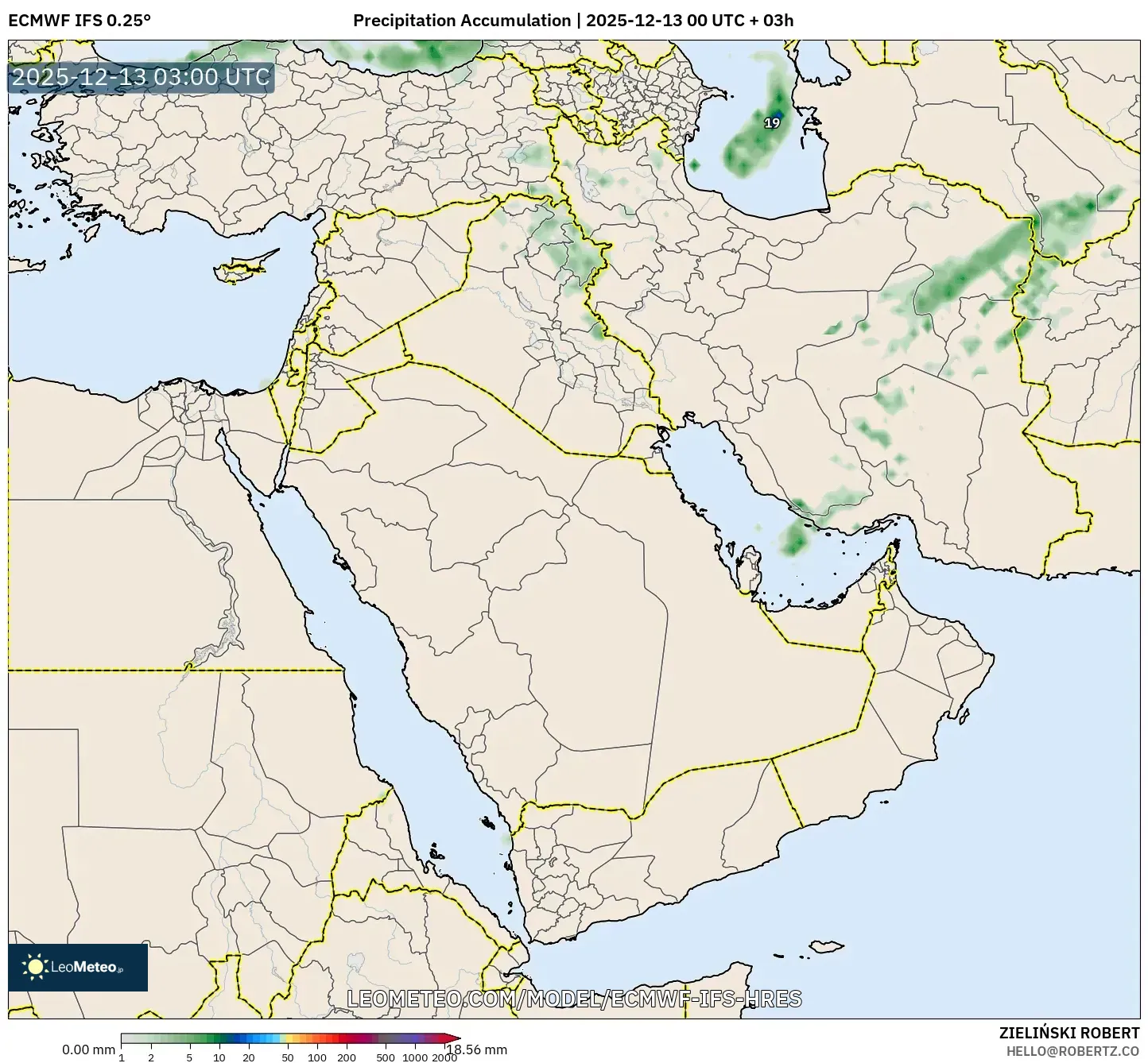 ECMWF IFS 0.25° model - Timur Tengah, Akumulasi Curah Hujan
