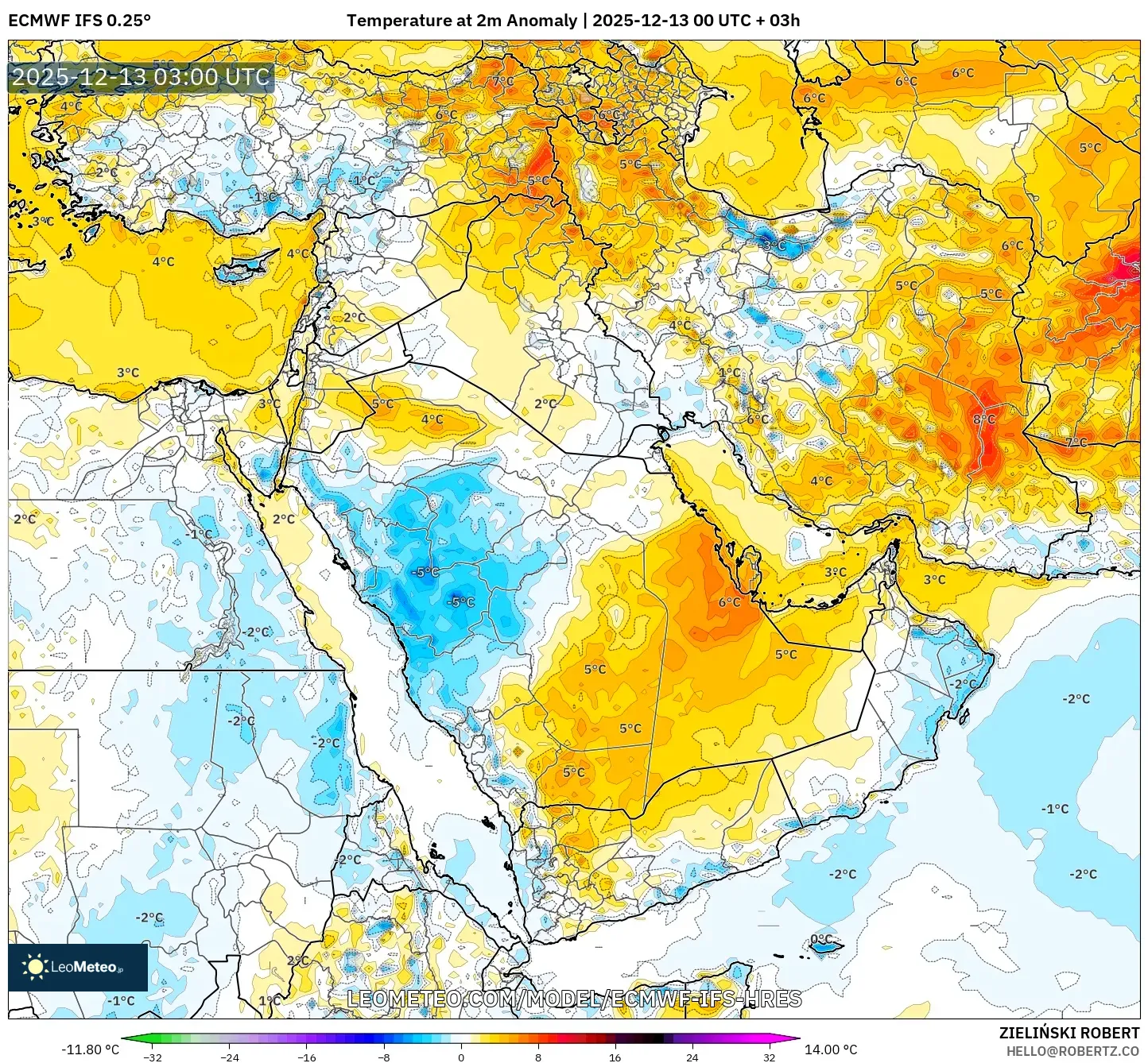 ECMWF IFS 0.25° model - Timur Tengah, Anomali Suhu 2 m