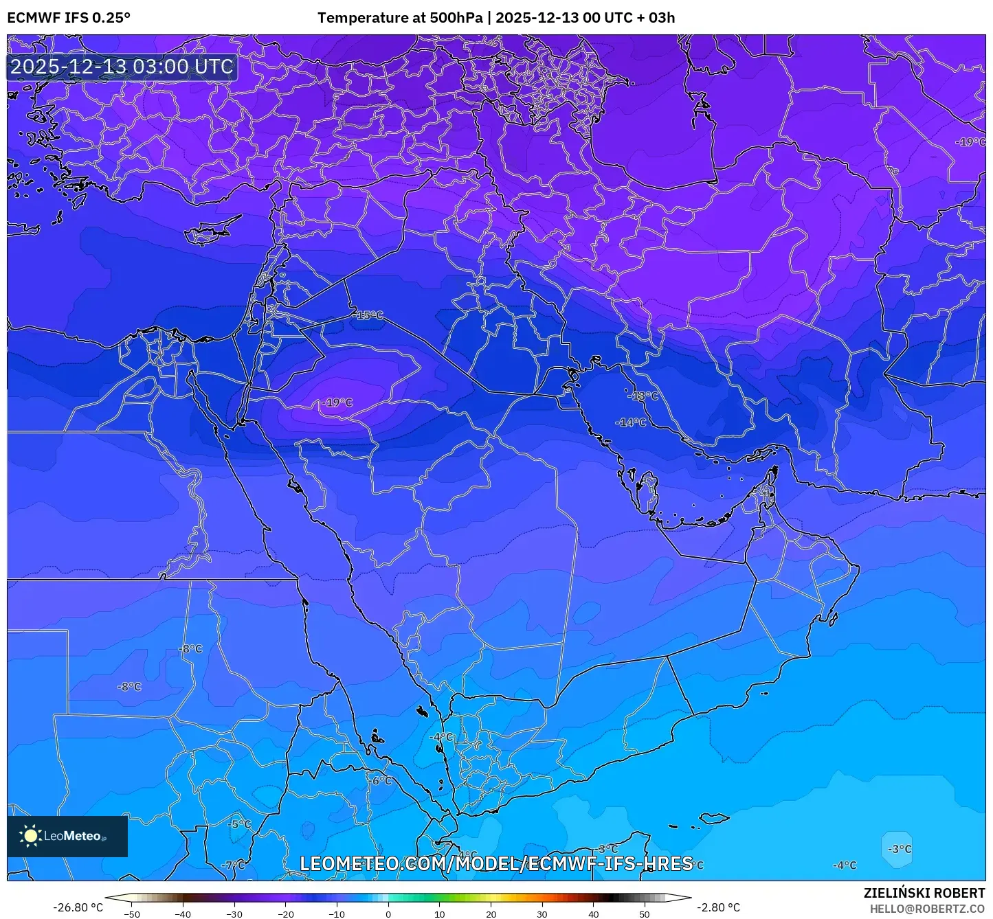ECMWF IFS 0.25° model - Timur Tengah, Suhu 500 hPa