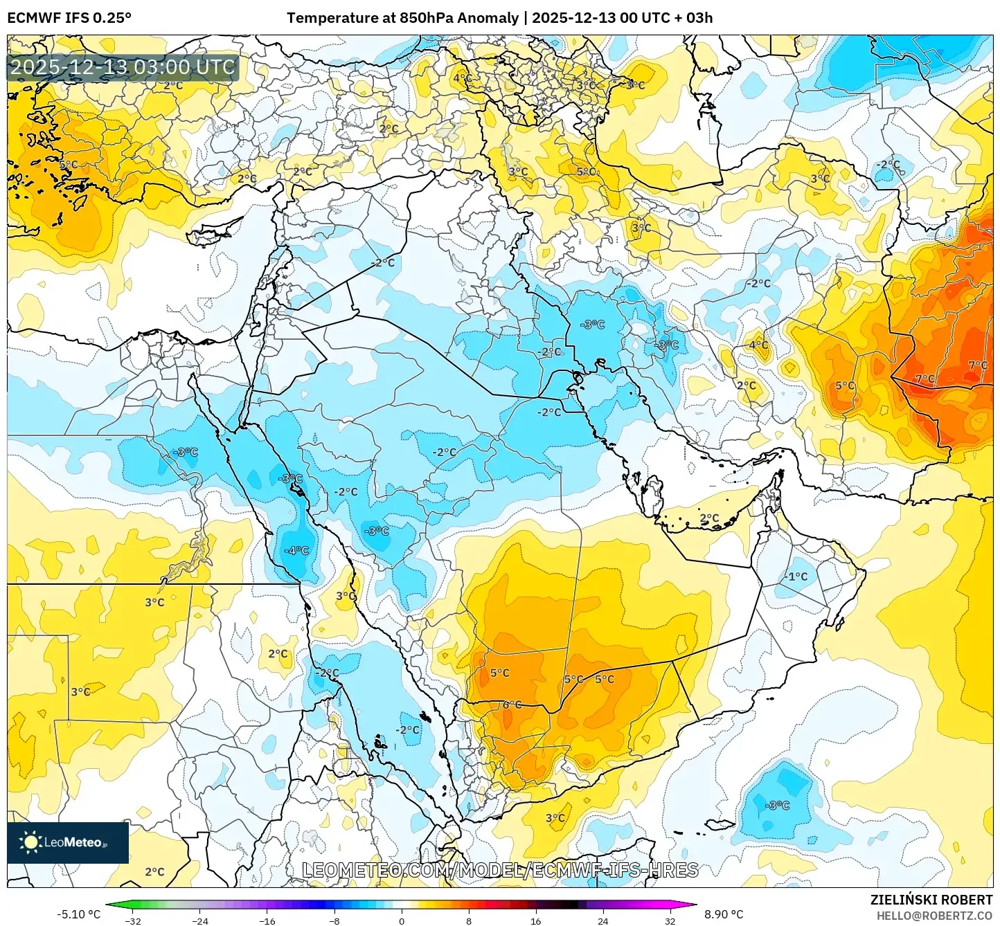 ECMWF IFS 0.25° model - Middle East, Temperature at 850hPa Anomaly
