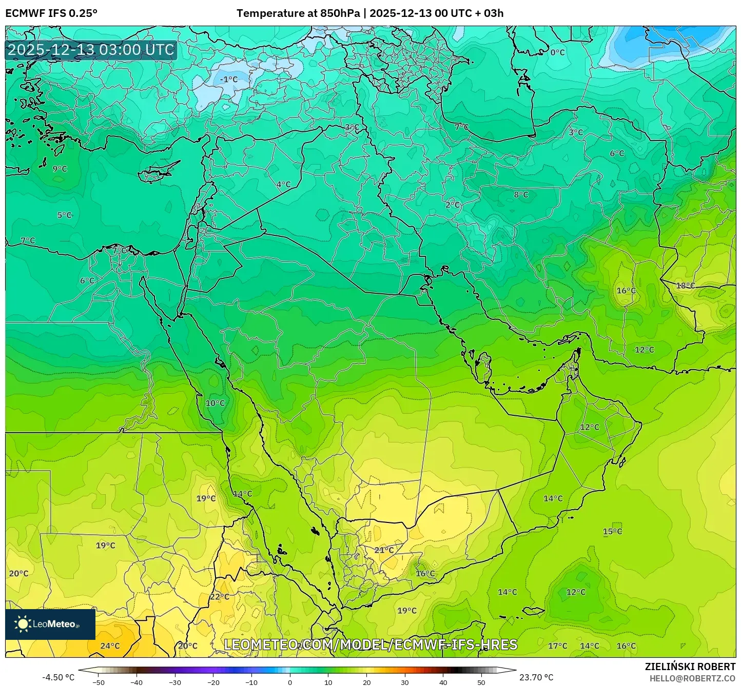 ECMWF IFS 0.25° model - Timur Tengah, Suhu 850 hPa