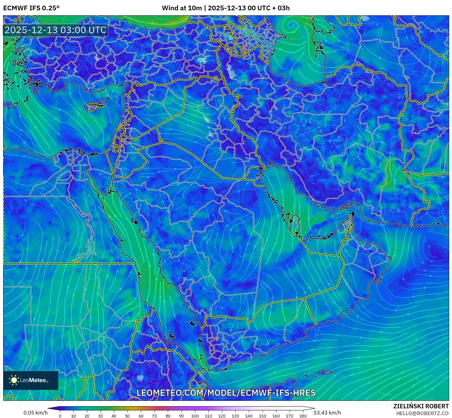 ECMWF IFS 0.25° model - Timur Tengah, Angin 10 m