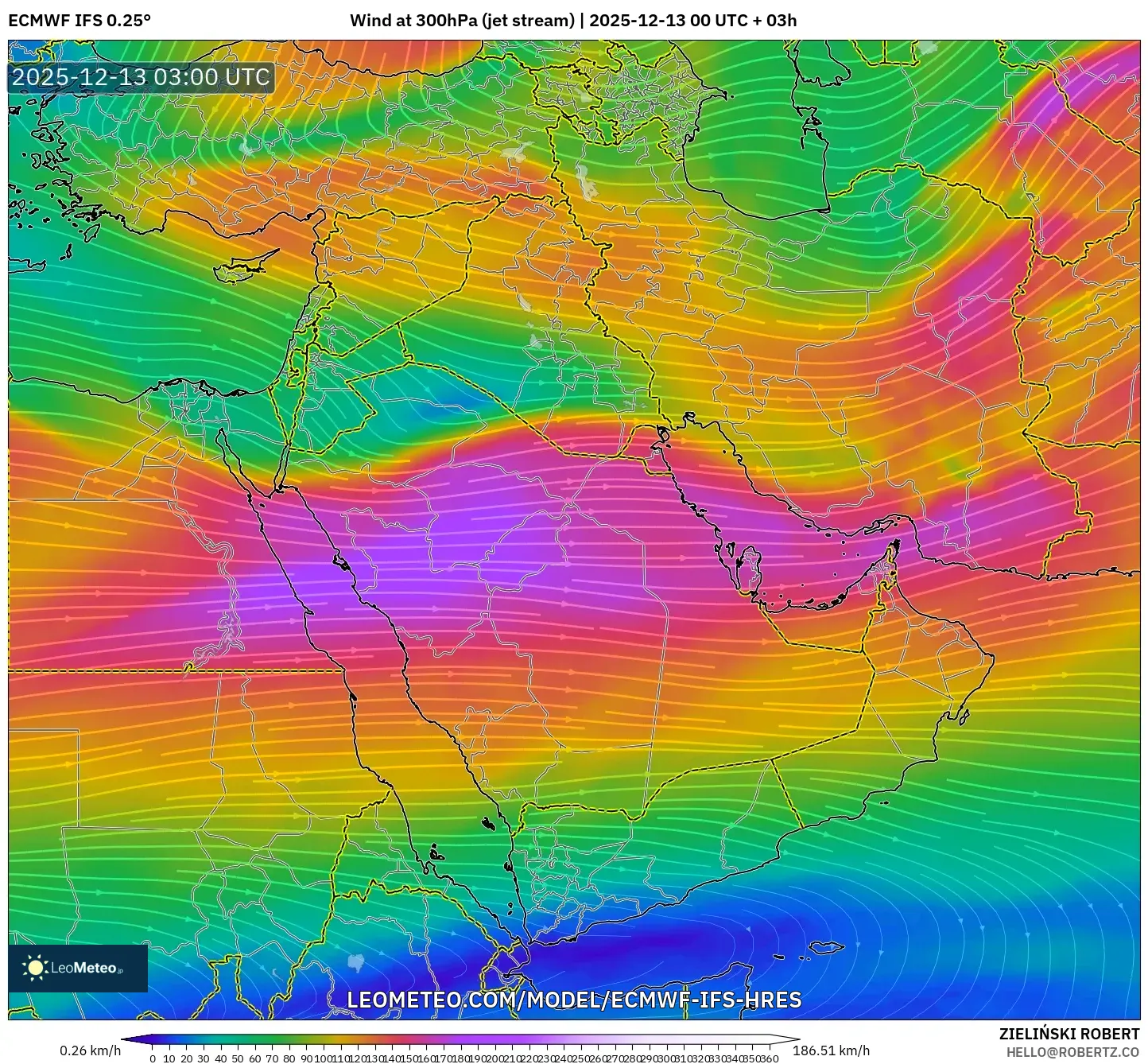 ECMWF IFS 0.25° model - Timur Tengah, Angin 300 hPa (aliran jet)