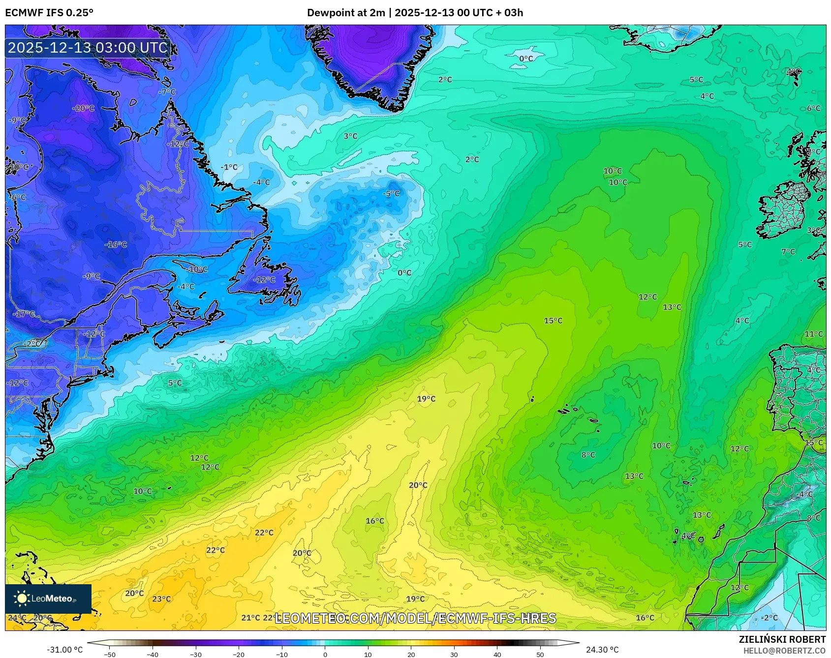 ECMWF IFS 0.25° model - Atlantik Utara, Titik Embun 2 m