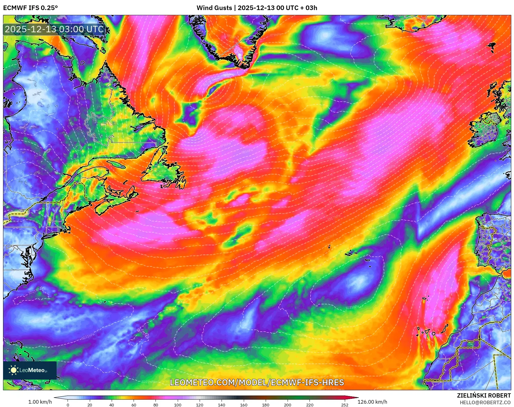 ECMWF IFS 0.25° model - Atlantik Utara, Hembusan Angin