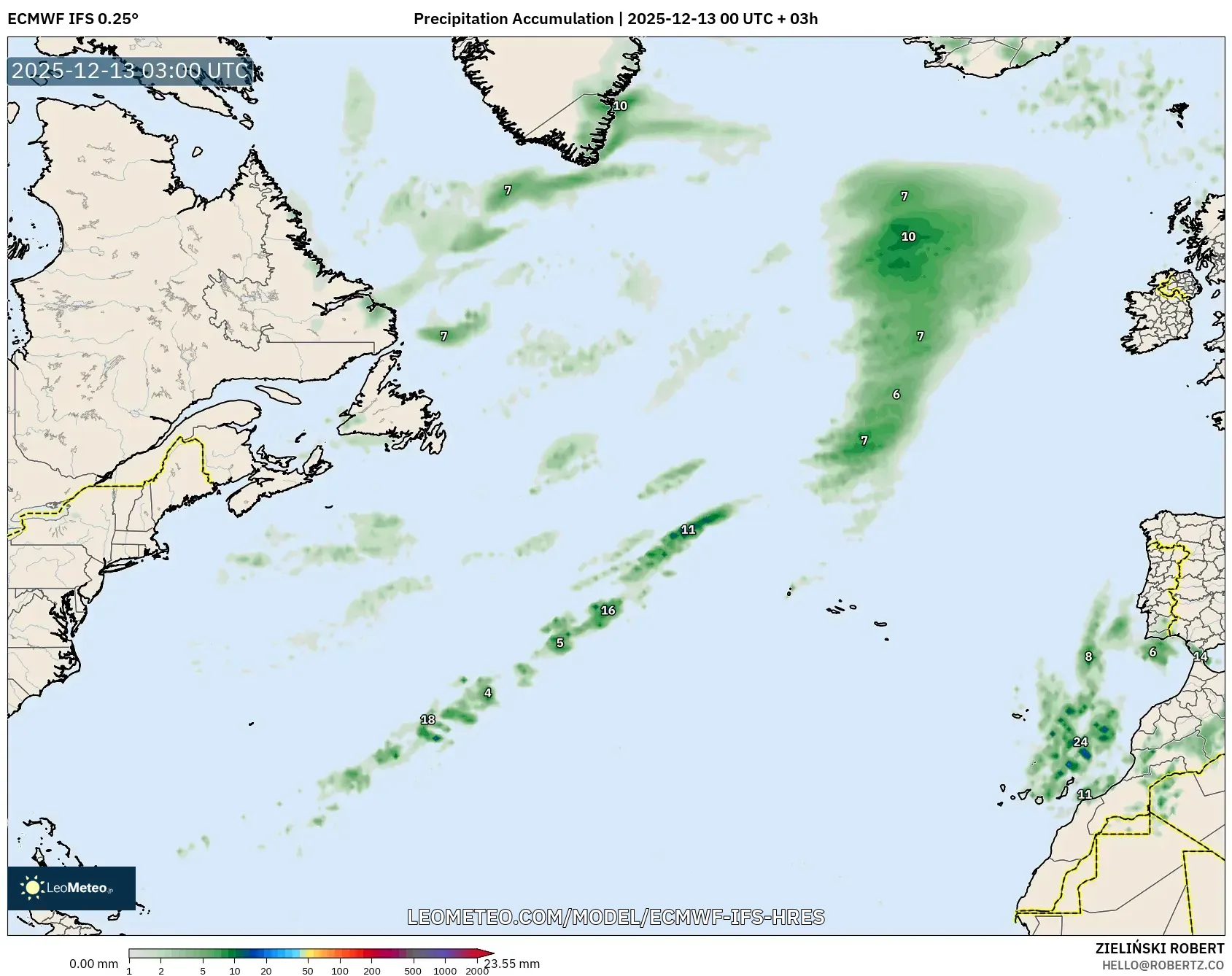 ECMWF IFS 0.25° model - Atlantik Utara, Akumulasi Curah Hujan