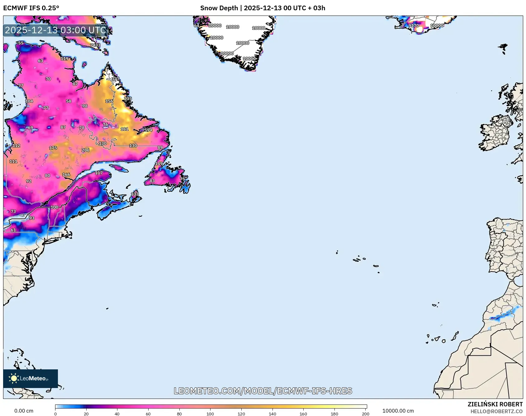 ECMWF IFS 0.25° model - North Atlantic, Snow Depth