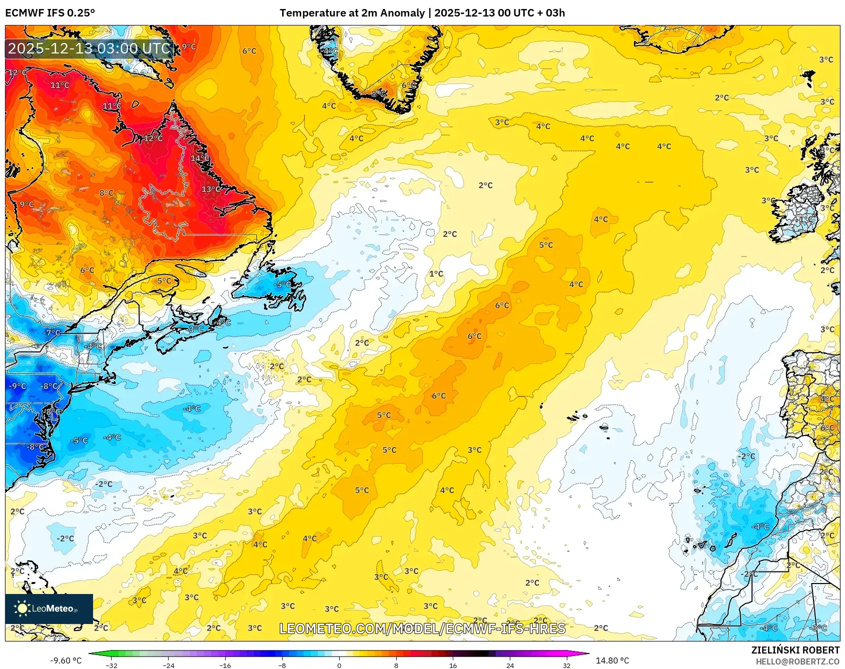 ECMWF IFS 0.25° model - Atlantik Utara, Anomali Suhu 2 m