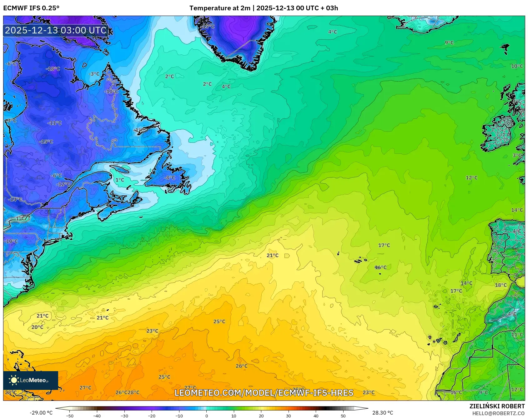 ECMWF IFS 0.25° model - North Atlantic, Temperature at 2m
