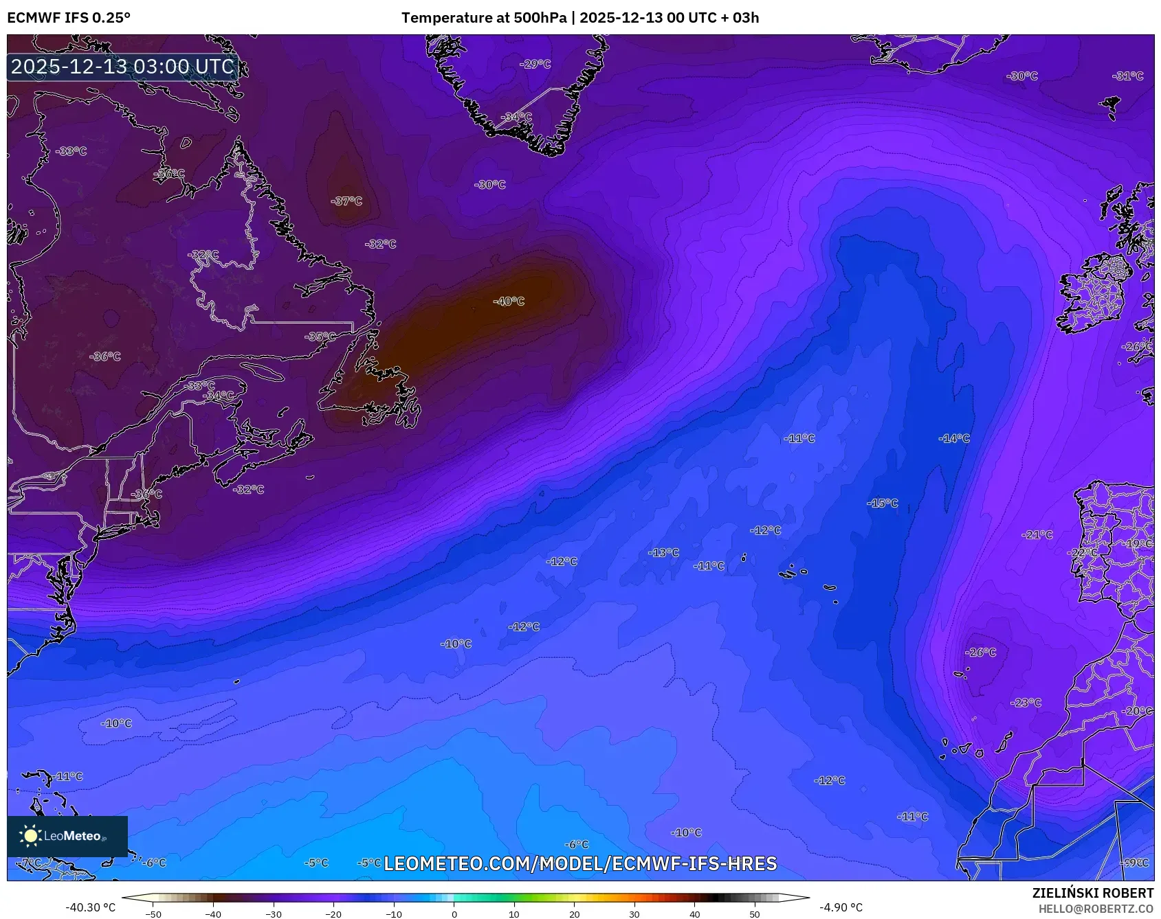 ECMWF IFS 0.25° model - North Atlantic, Temperature at 500hPa