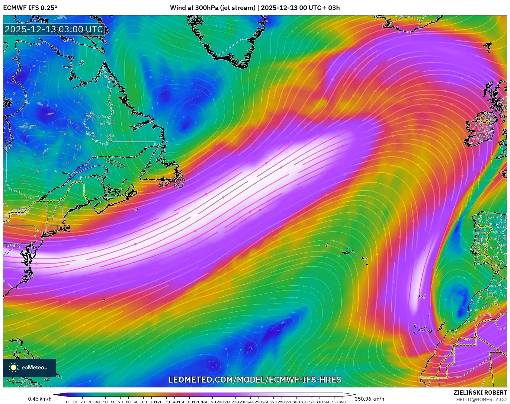 ECMWF IFS 0.25° model - Atlantik Utara, Angin 300 hPa (aliran jet)