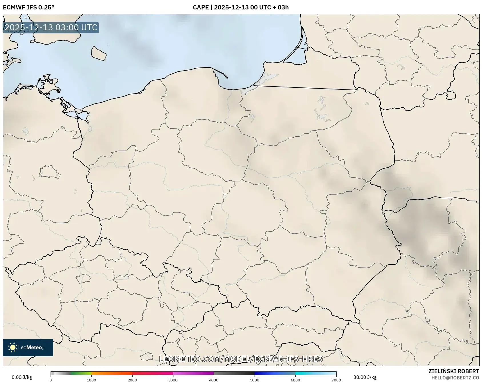 ECMWF IFS 0.25° model - Polandia, CAPE