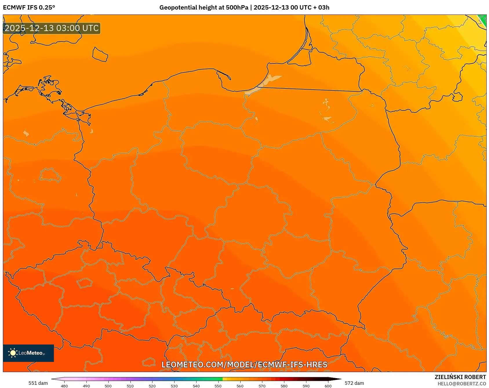 ECMWF IFS 0.25° model - Poland, Geopotential height at 500hPa