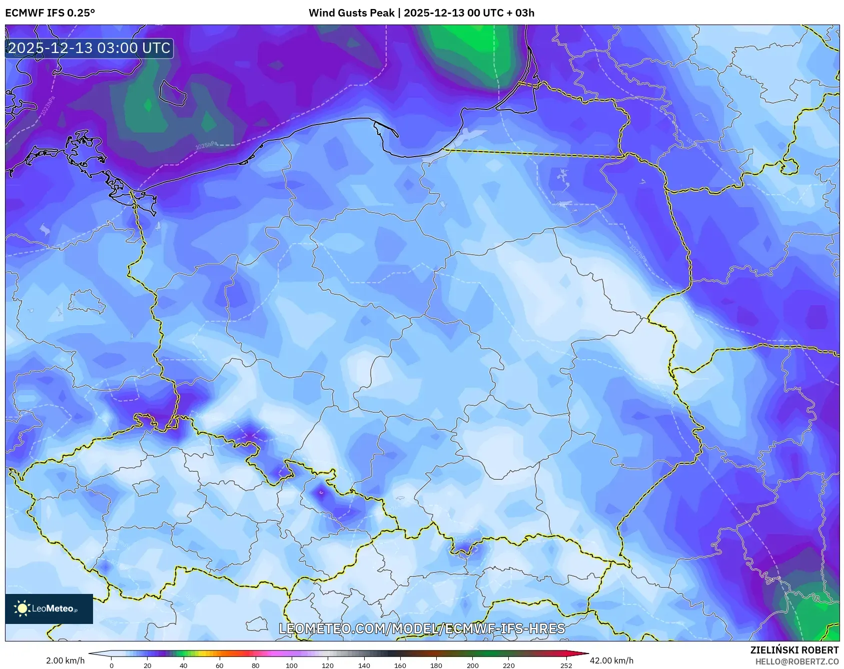 ECMWF IFS 0.25° model - Poland, Wind Gusts Peak