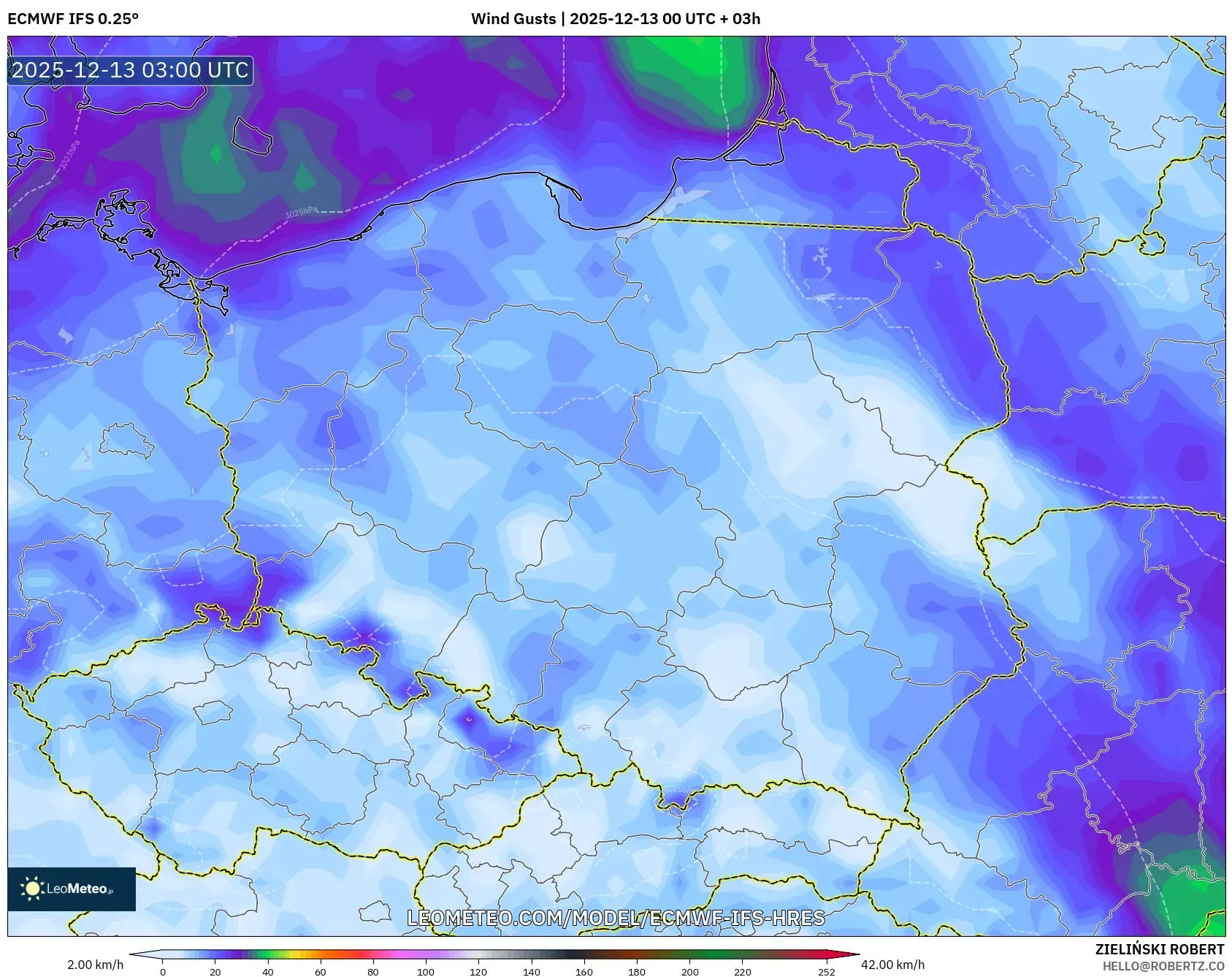 ECMWF IFS 0.25° model - Poland, Wind Gusts