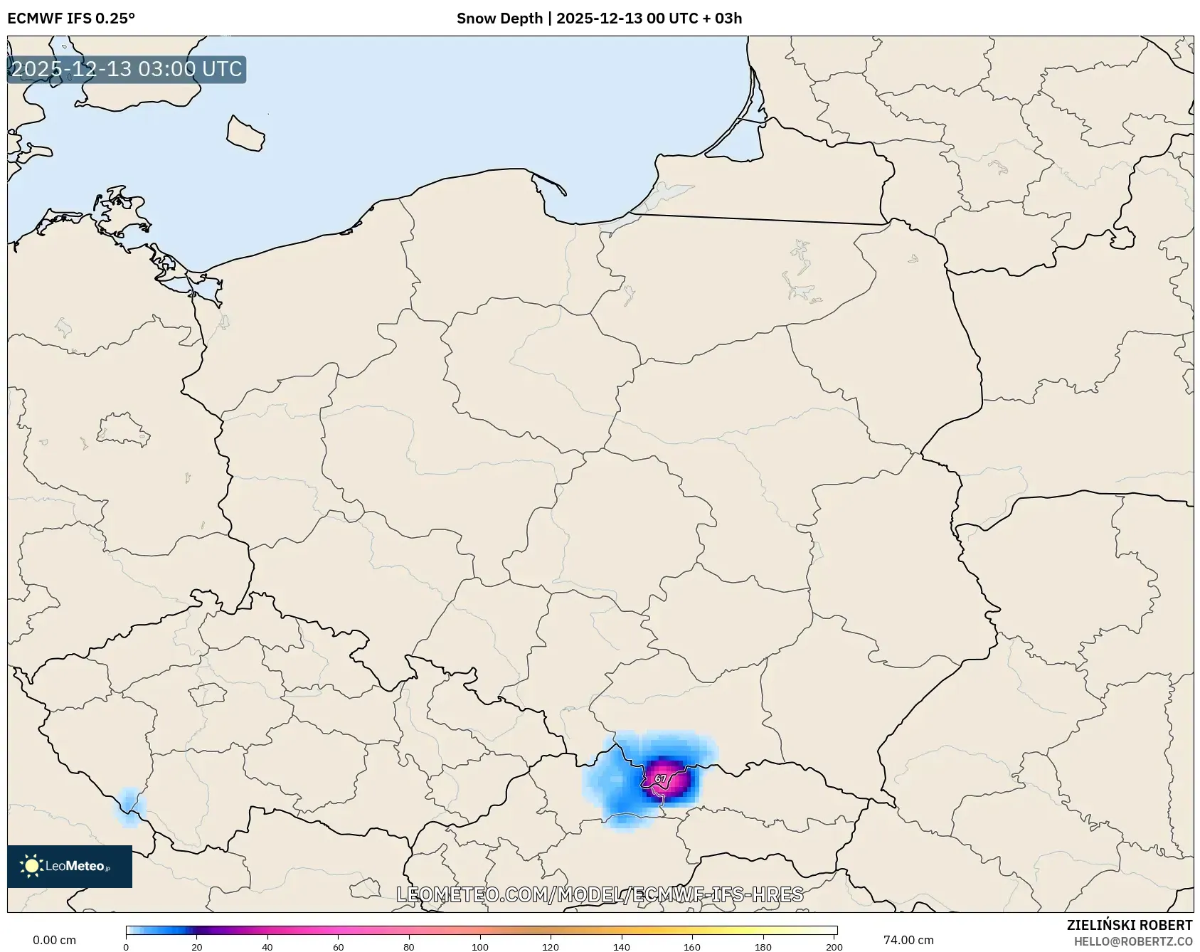 ECMWF IFS 0.25° model - Polandia, Kedalaman Salju