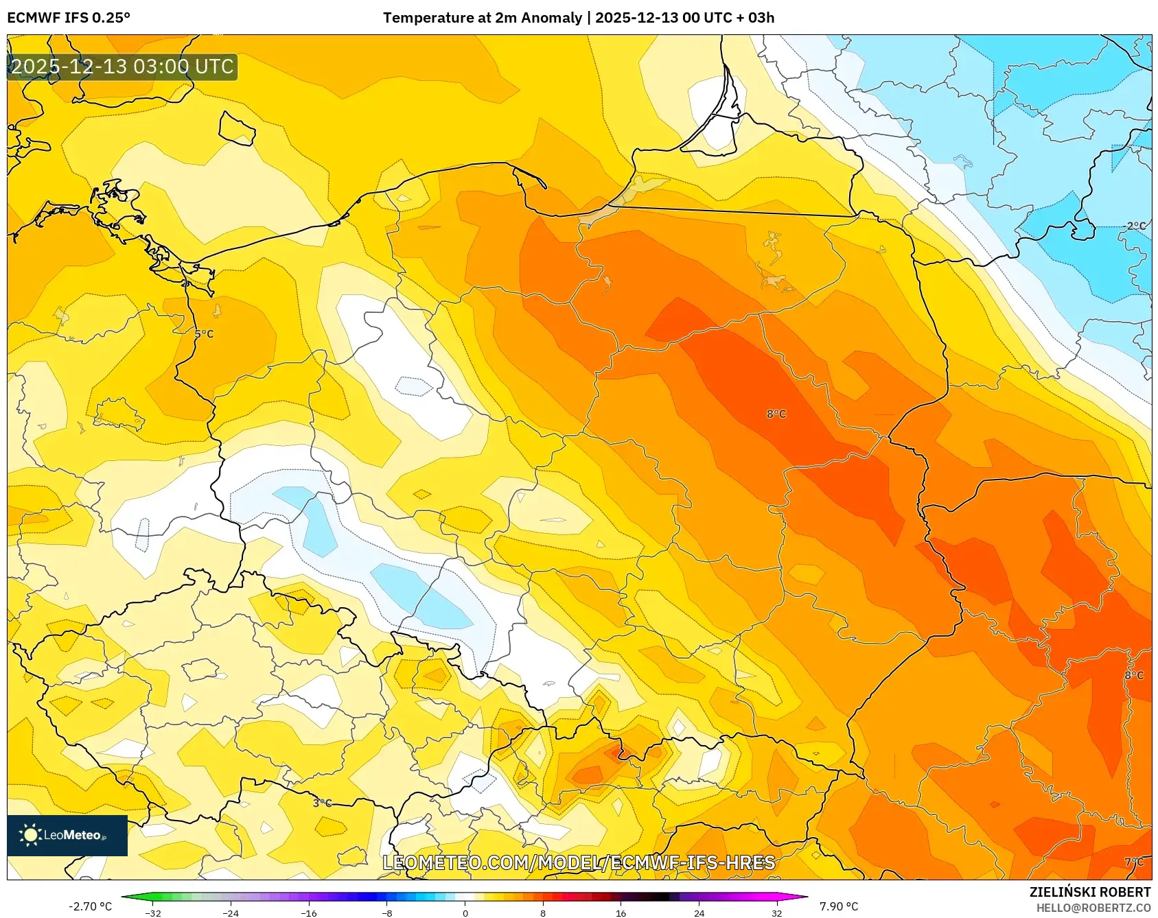 ECMWF IFS 0.25° model - Polandia, Anomali Suhu 2 m