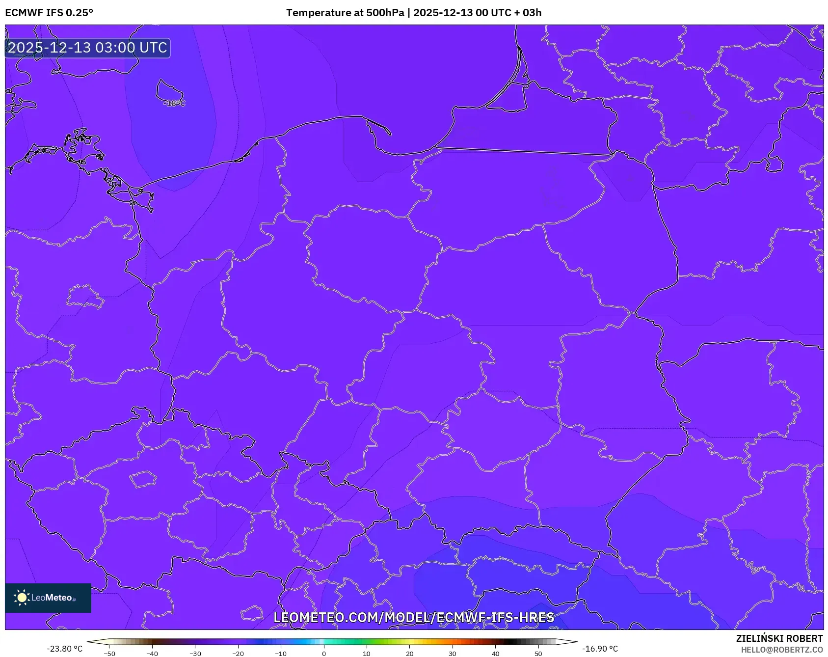 ECMWF IFS 0.25° model - Polandia, Suhu 500 hPa
