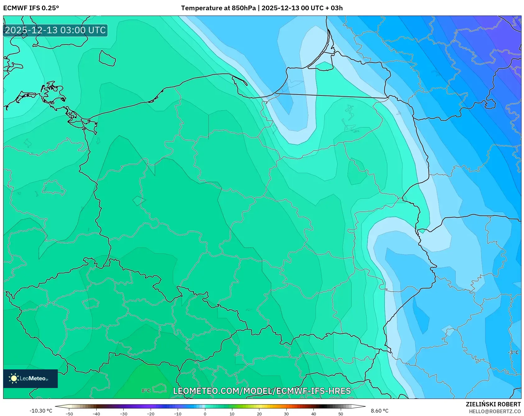 ECMWF IFS 0.25° model - Polandia, Suhu 850 hPa