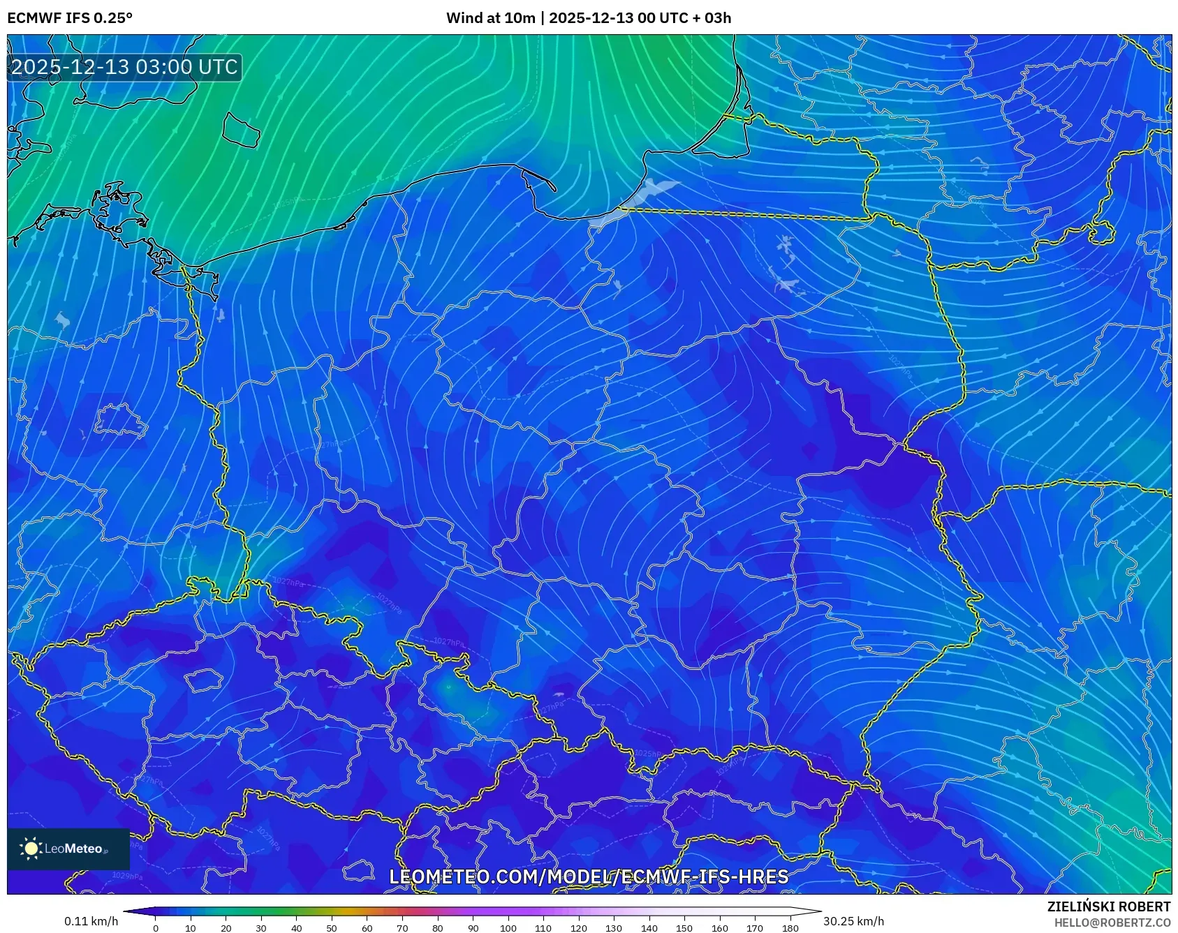 ECMWF IFS 0.25° model - Poland, Wind at 10m