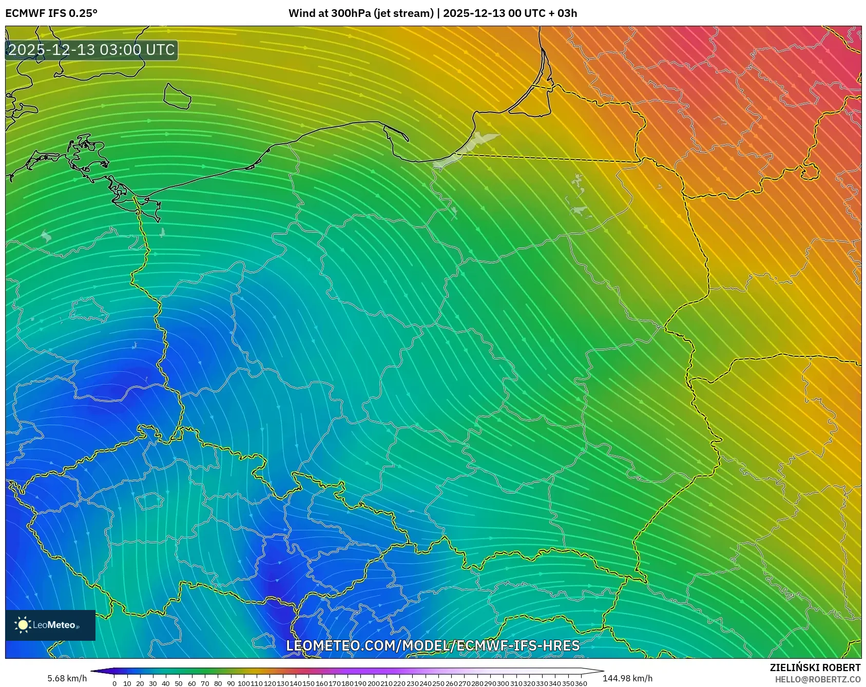 ECMWF IFS 0.25° model - Polandia, Angin 300 hPa (aliran jet)