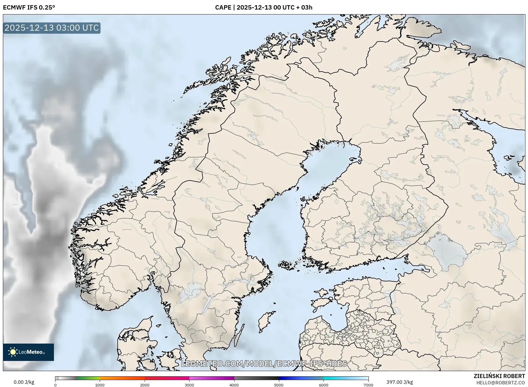 ECMWF IFS 0.25° model - Scandinavia, CAPE