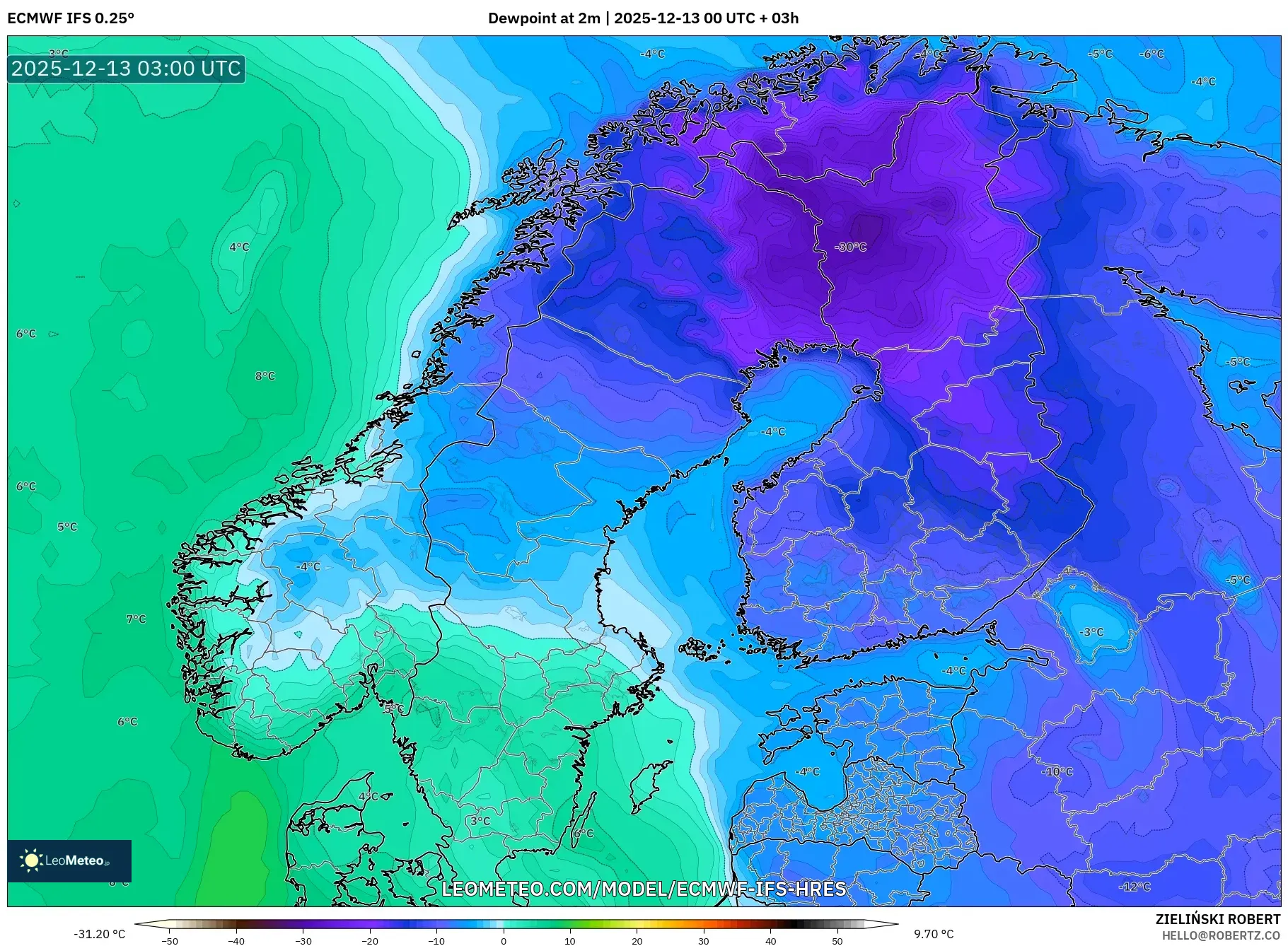 ECMWF IFS 0.25° model - Skandinavia, Titik Embun 2 m