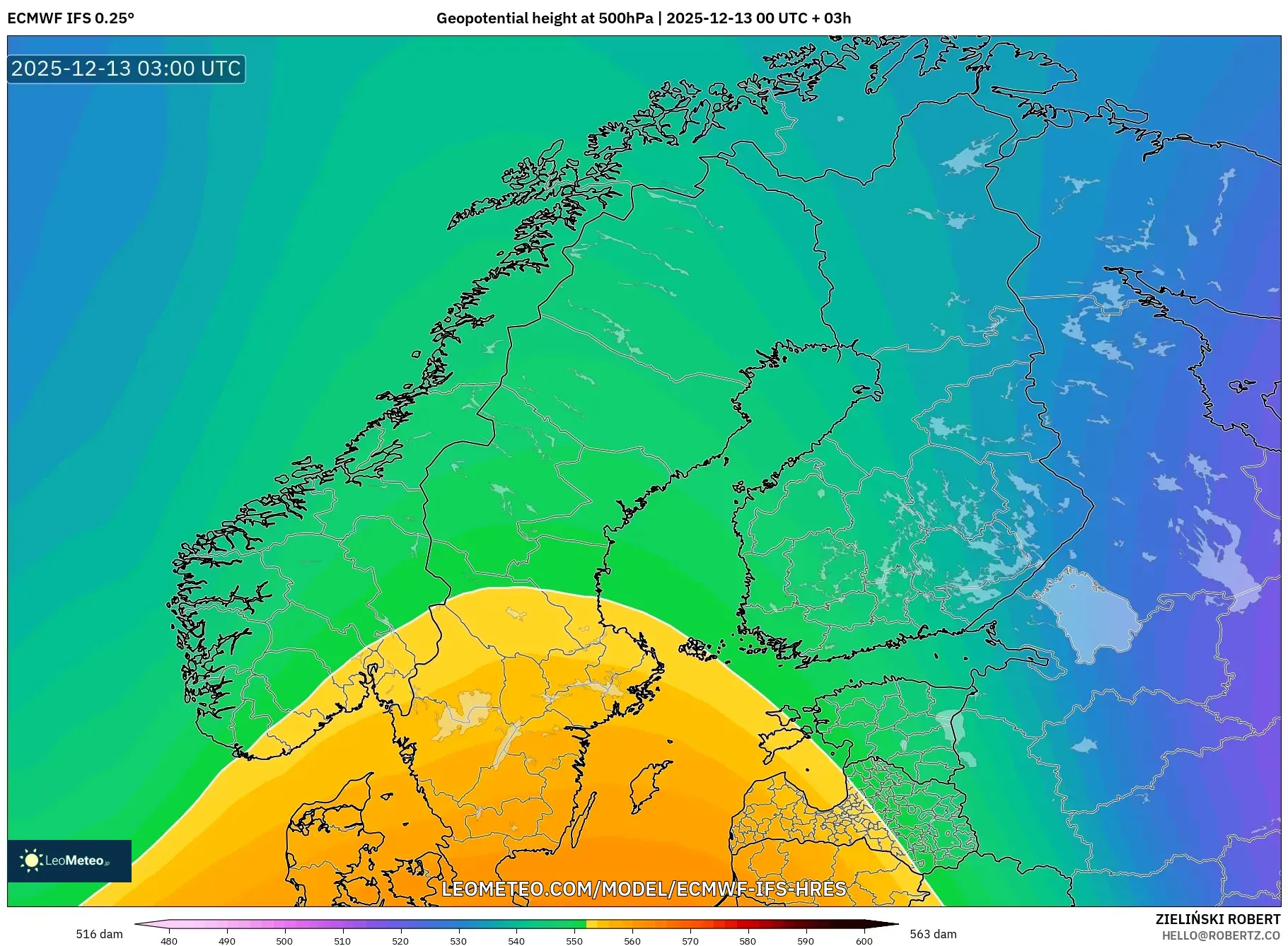 ECMWF IFS 0.25° model - Skandinavia, Ketinggian geopotensial pada 500 hPa