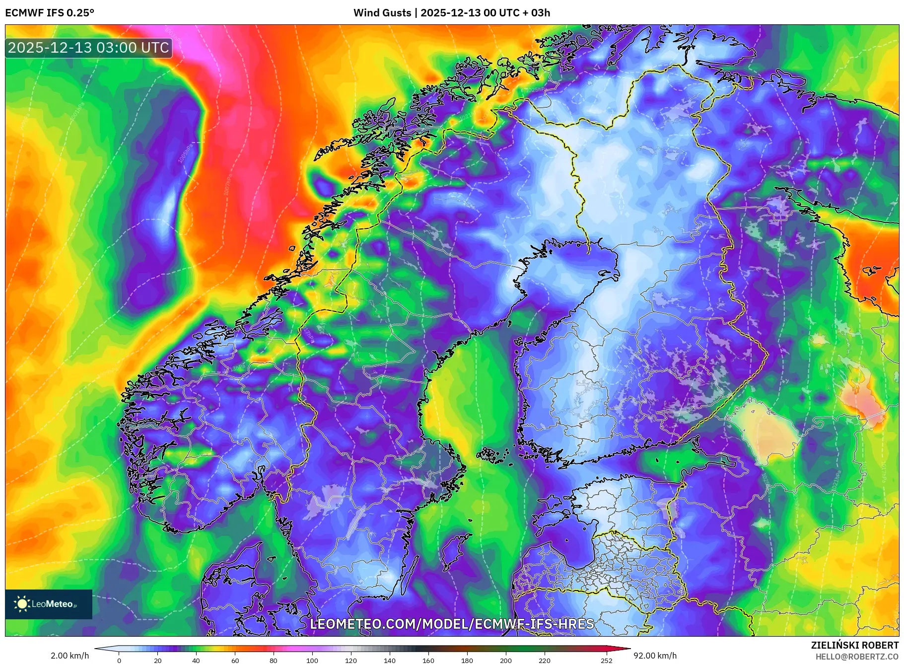 ECMWF IFS 0.25° model - Skandinavia, Hembusan Angin