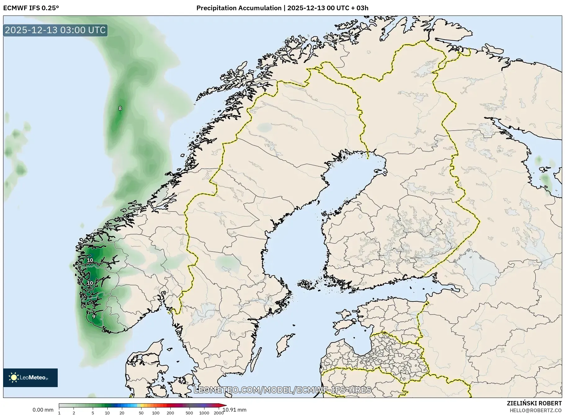 ECMWF IFS 0.25° model - Skandinavia, Akumulasi Curah Hujan