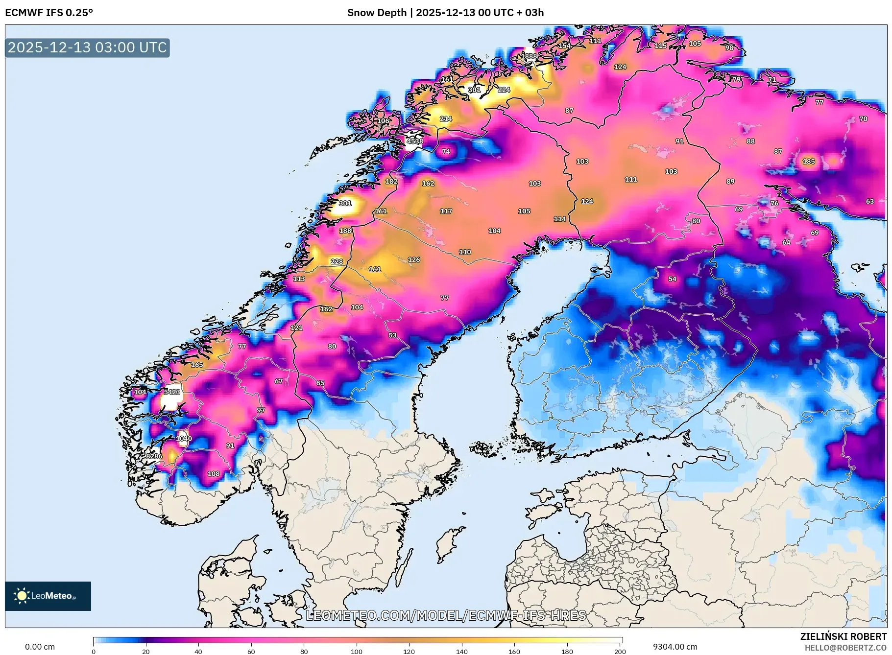 ECMWF IFS 0.25° model - Skandinavia, Kedalaman Salju