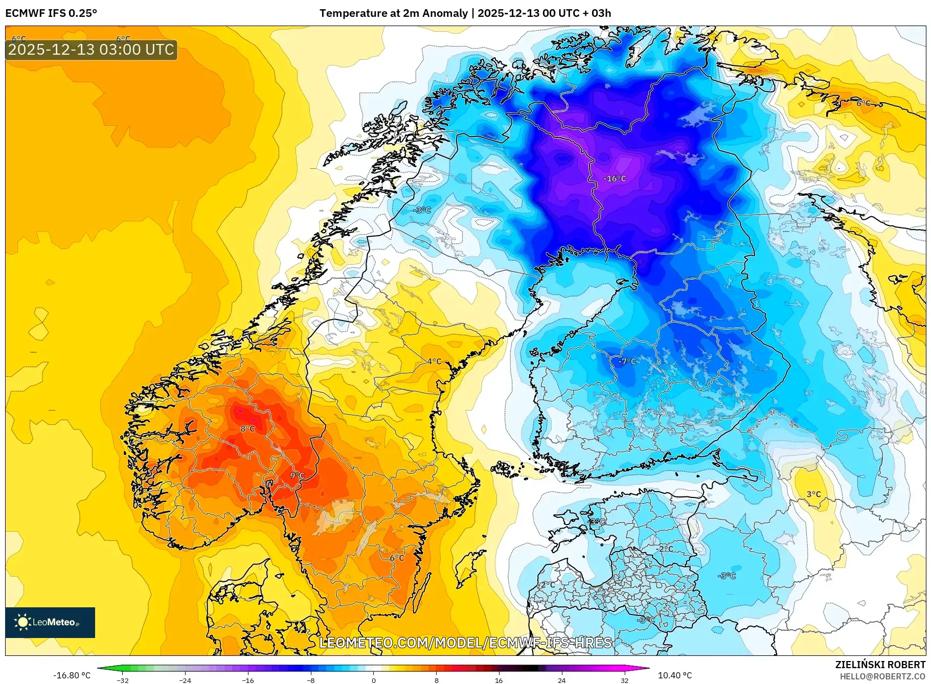 ECMWF IFS 0.25° model - Skandinavia, Anomali Suhu 2 m