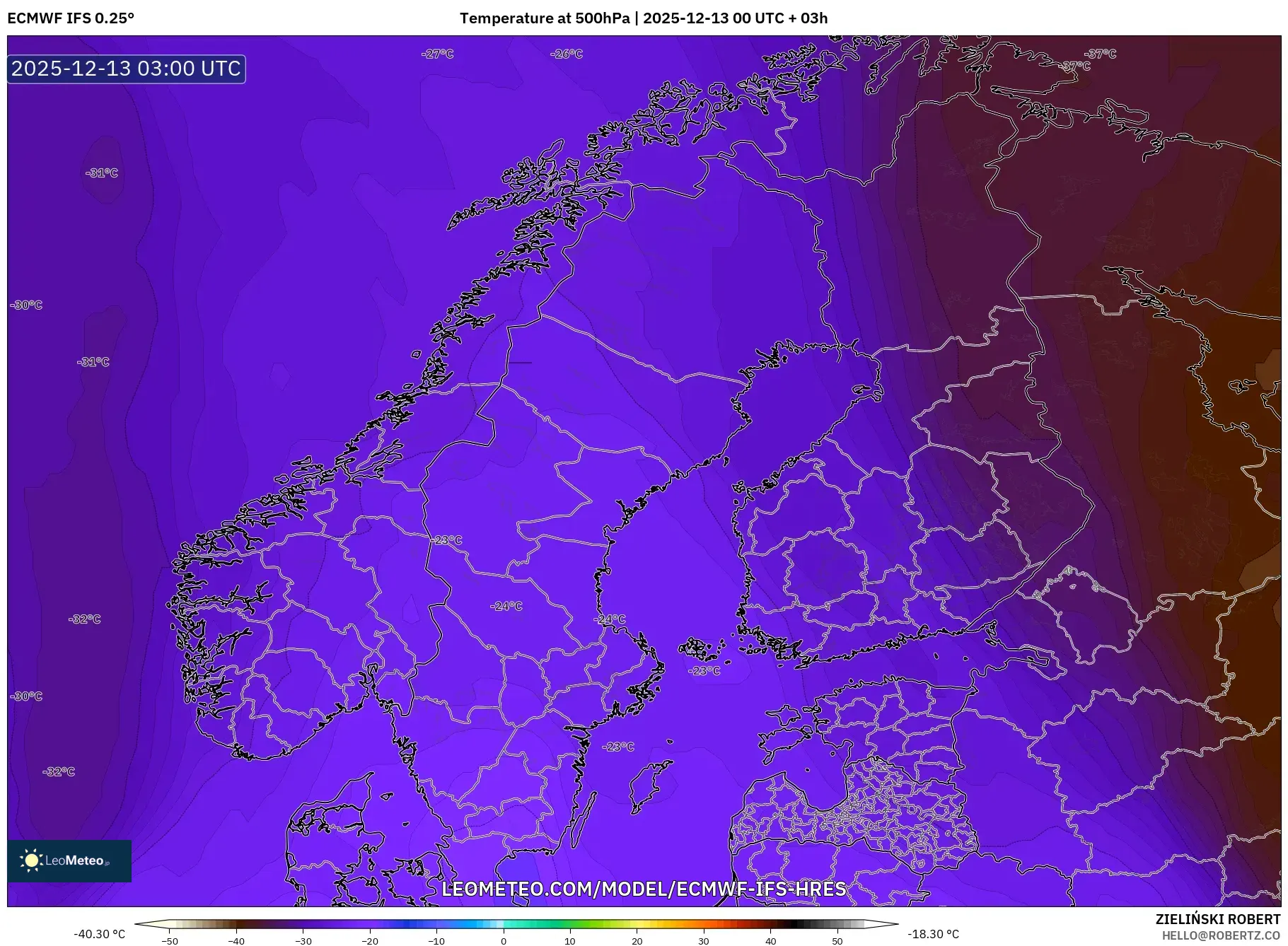ECMWF IFS 0.25° model - Skandinavia, Suhu 500 hPa
