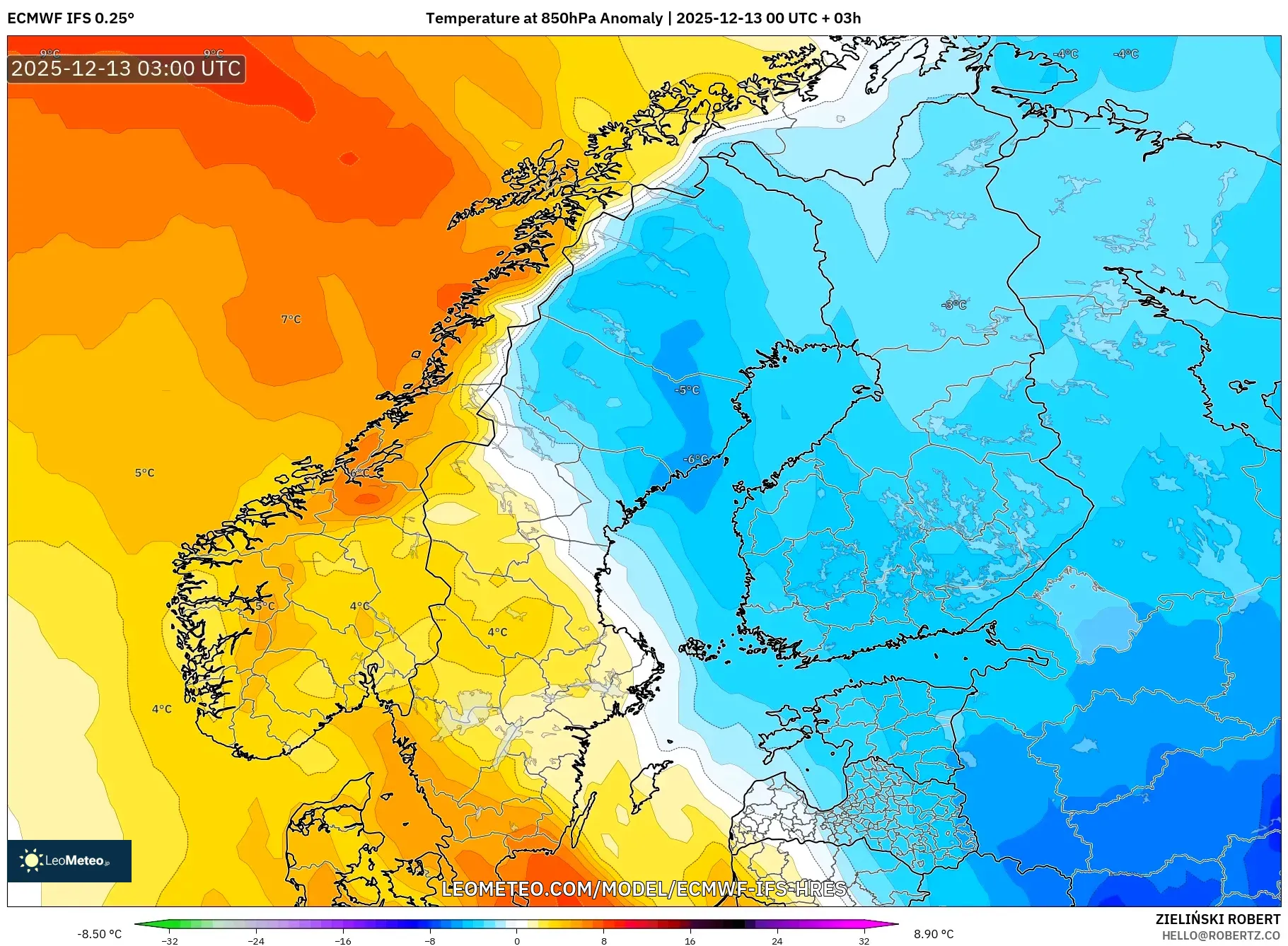 ECMWF IFS 0.25° model - Skandinavia, Anomali Suhu 850 hPa