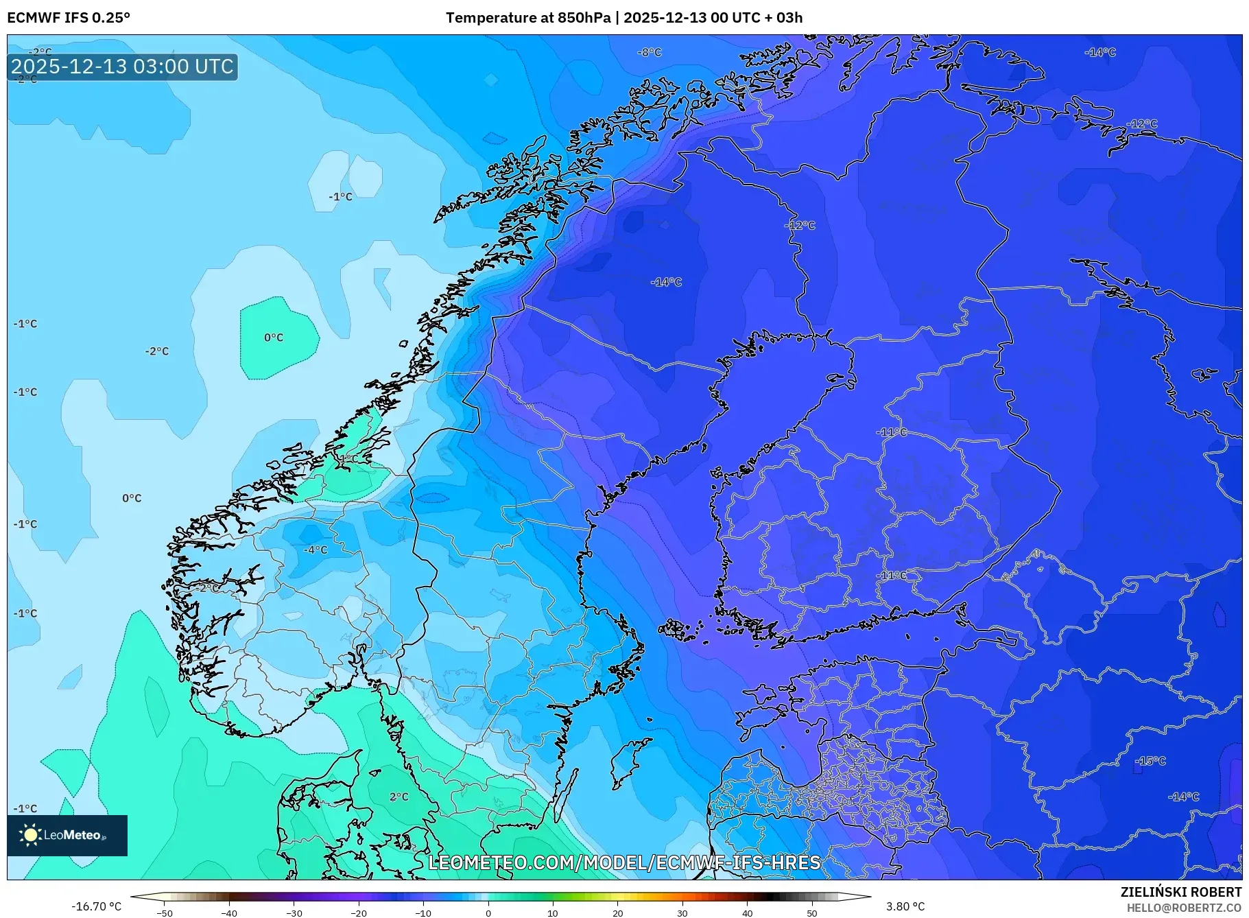 ECMWF IFS 0.25° model - Skandinavia, Suhu 850 hPa