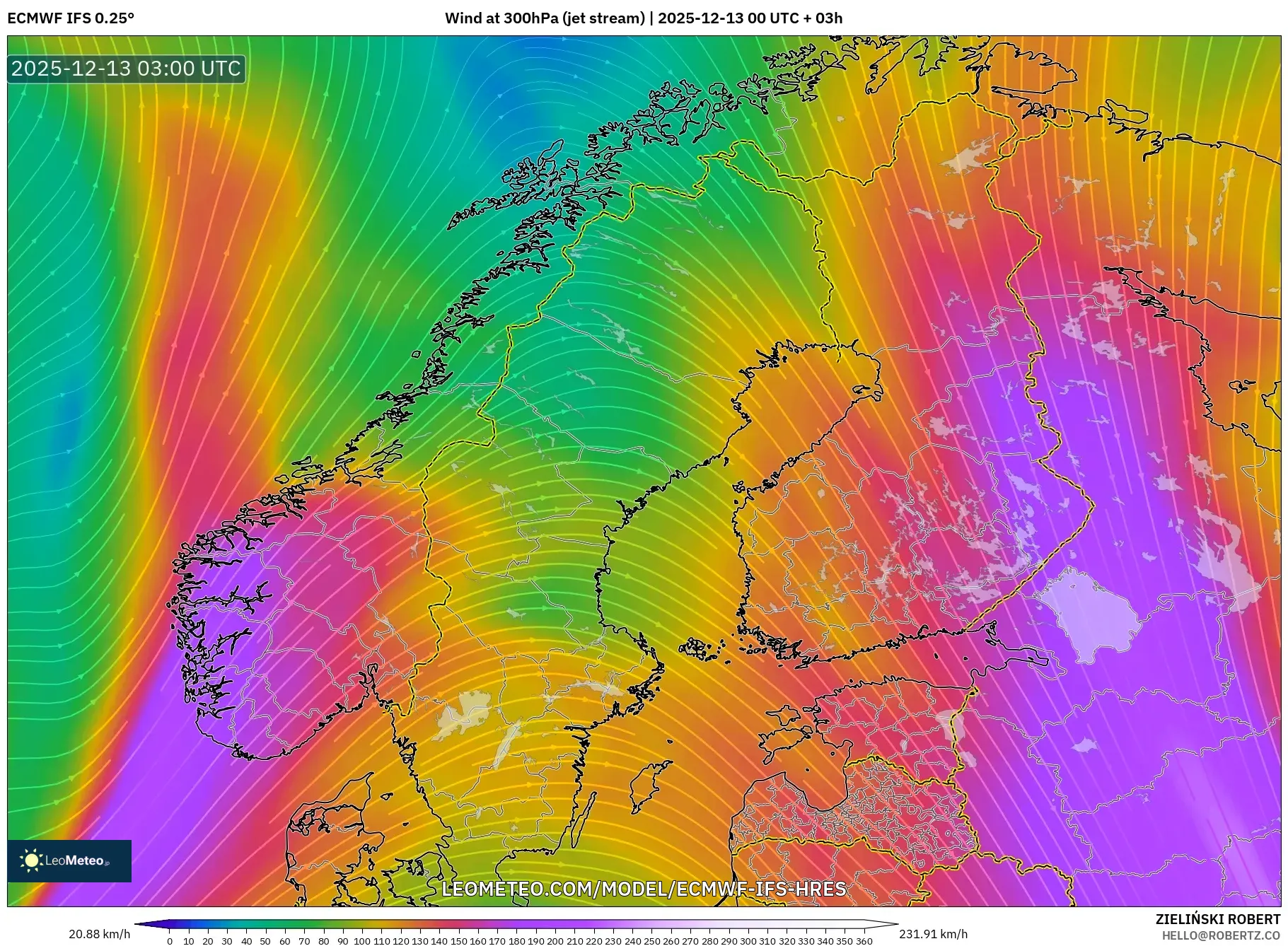 ECMWF IFS 0.25° model - Skandinavia, Angin 300 hPa (aliran jet)