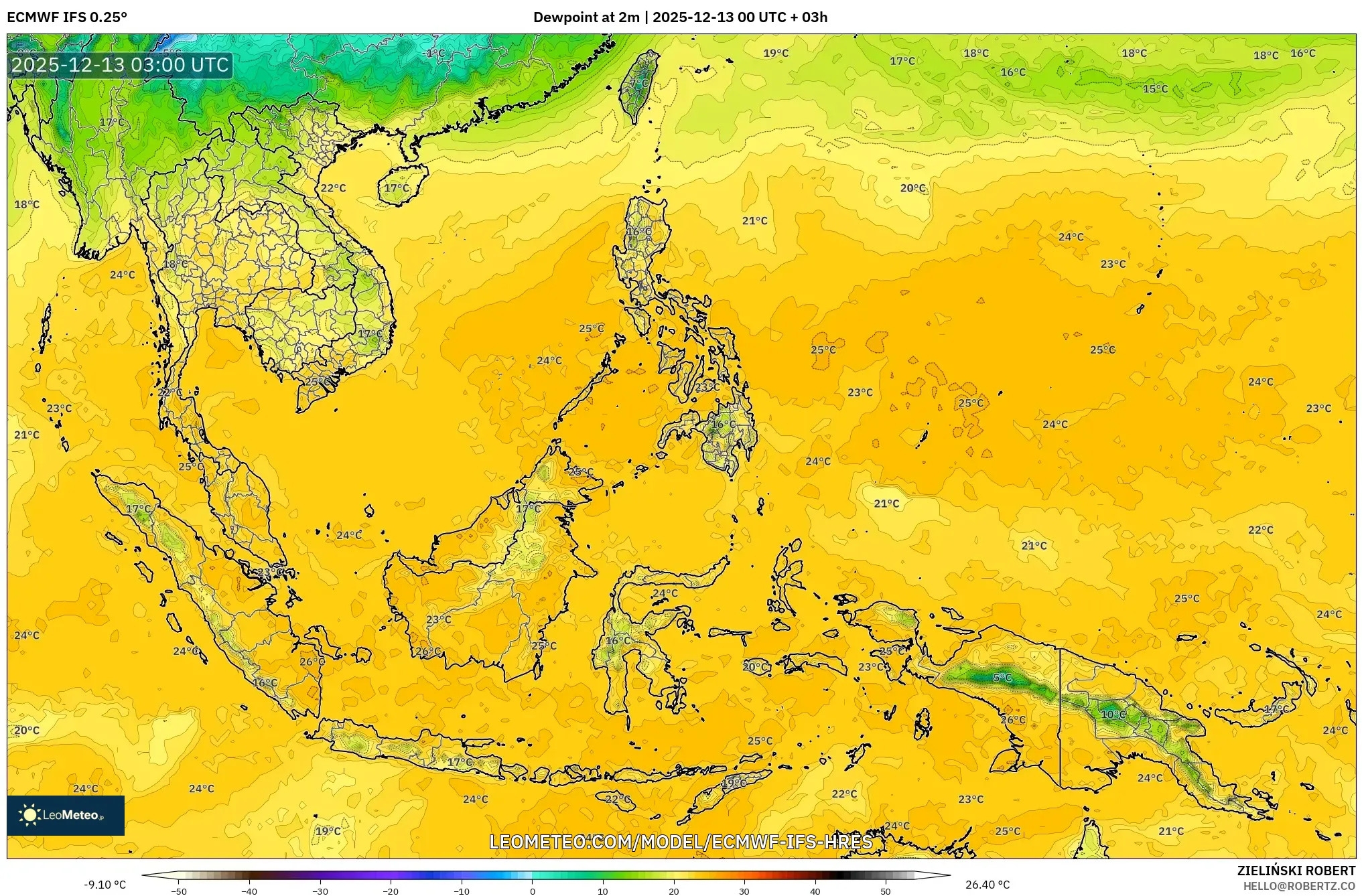 ECMWF IFS 0.25° model - South East Asia, Dewpoint at 2m