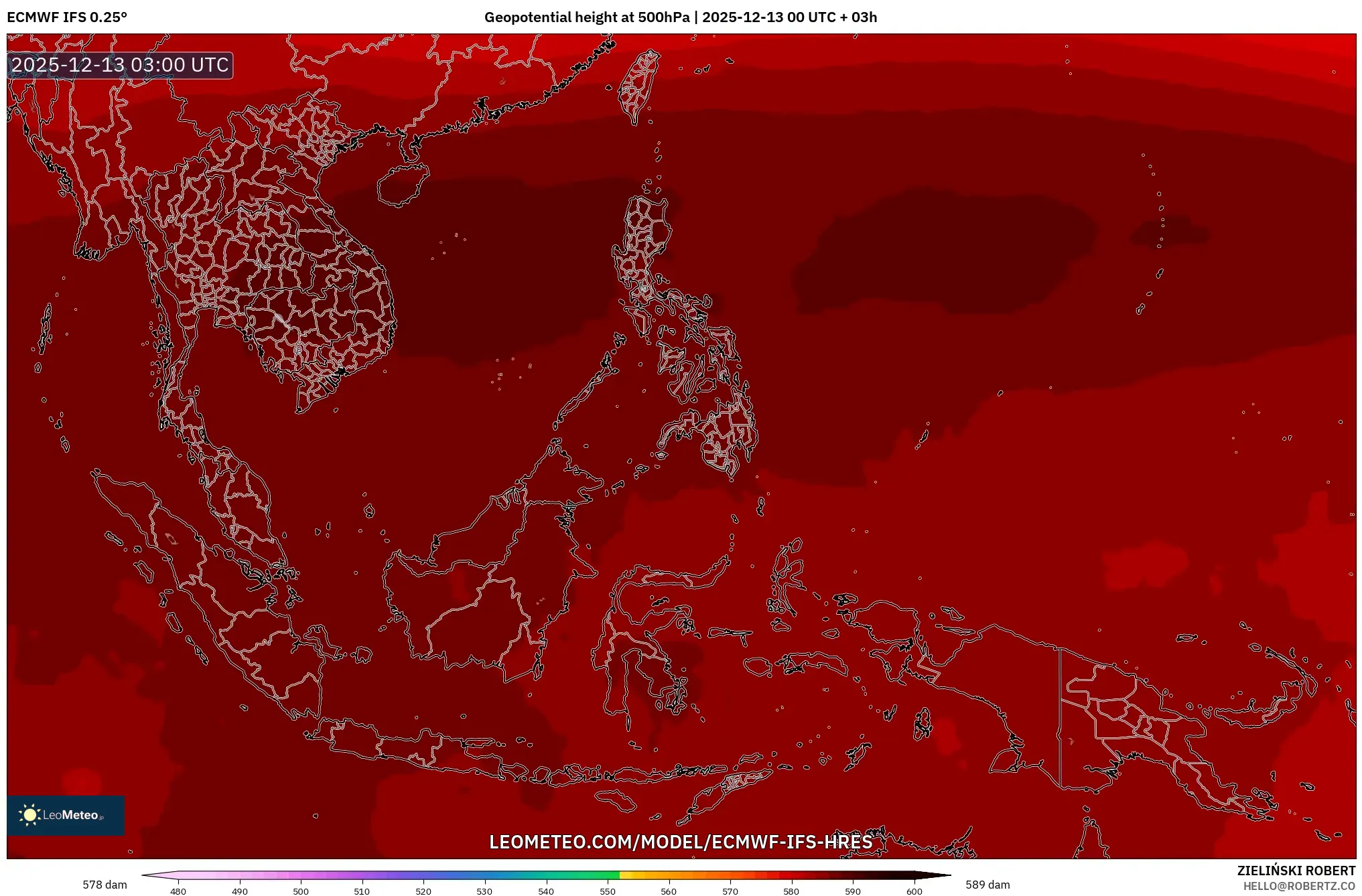 ECMWF IFS 0.25° model - Asia Tenggara, Ketinggian geopotensial pada 500 hPa