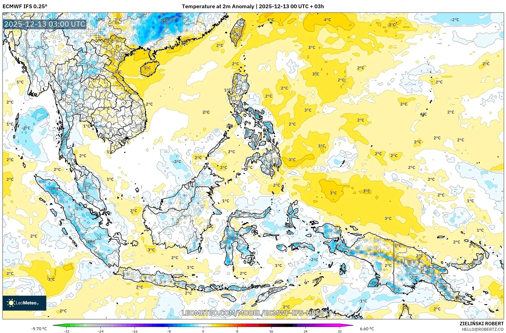 ECMWF IFS 0.25° model - South East Asia, Temperature at 2m Anomaly