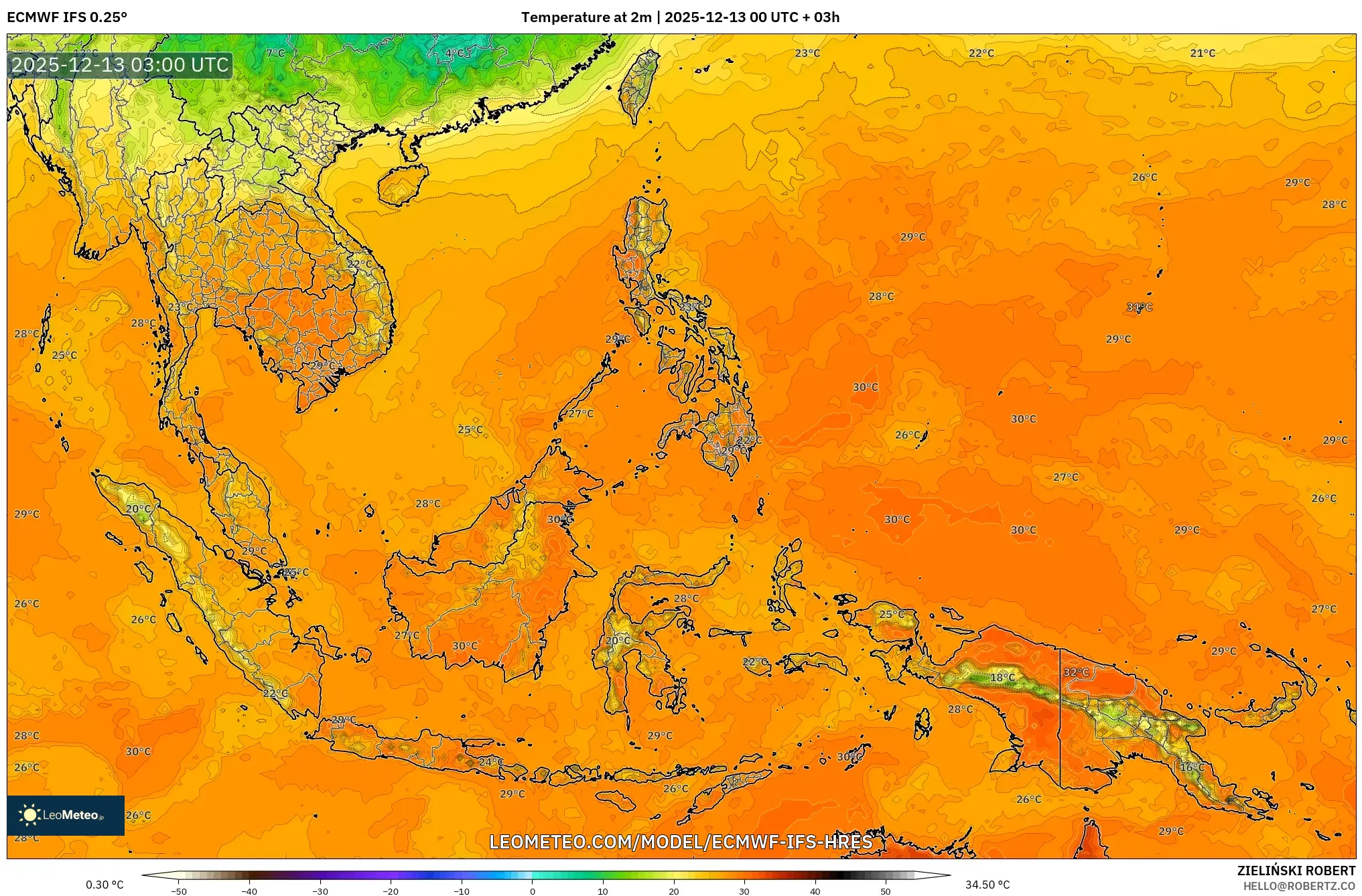 ECMWF IFS 0.25° model - South East Asia, Temperature at 2m