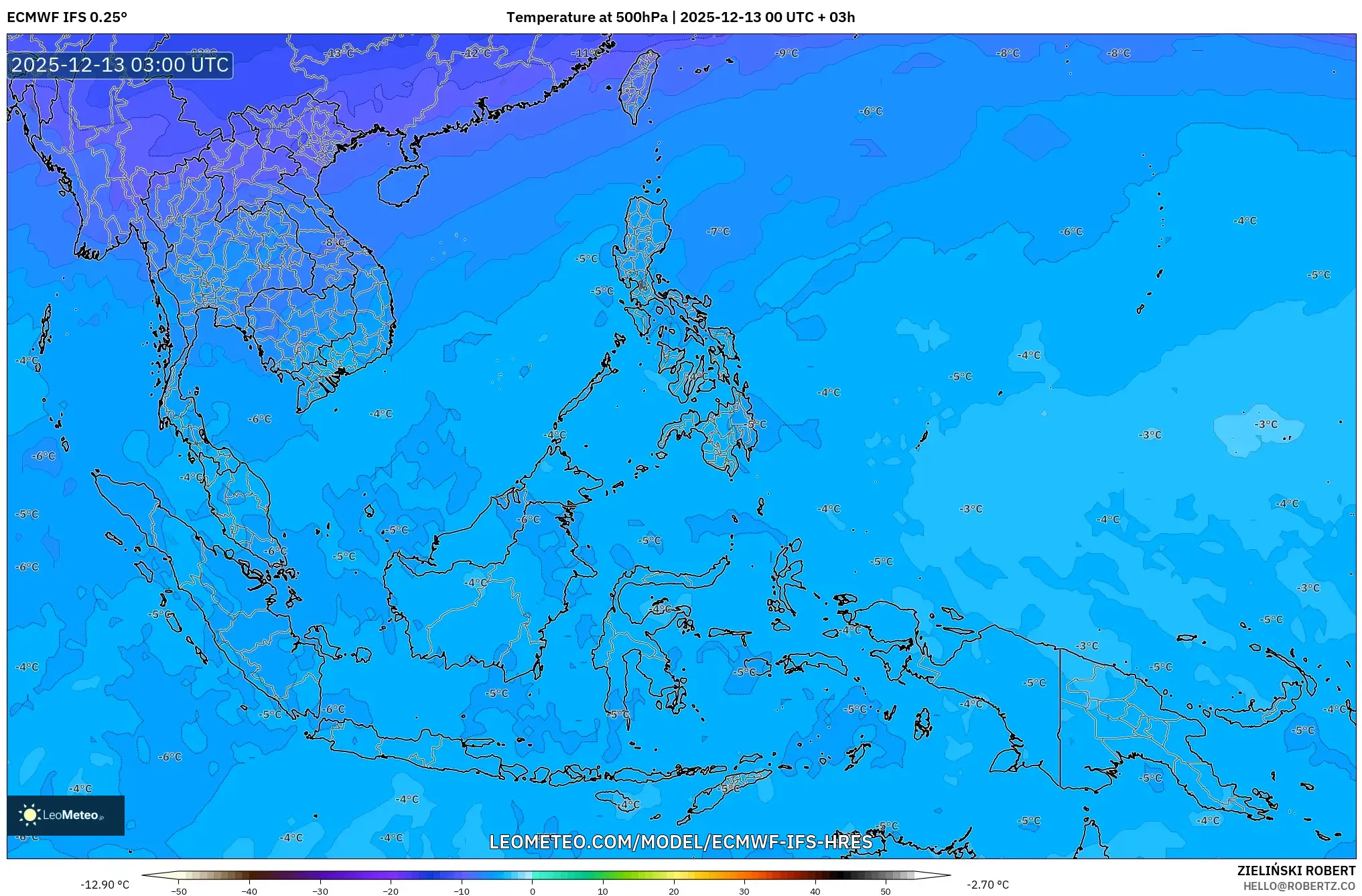 ECMWF IFS 0.25° model - South East Asia, Temperature at 500hPa