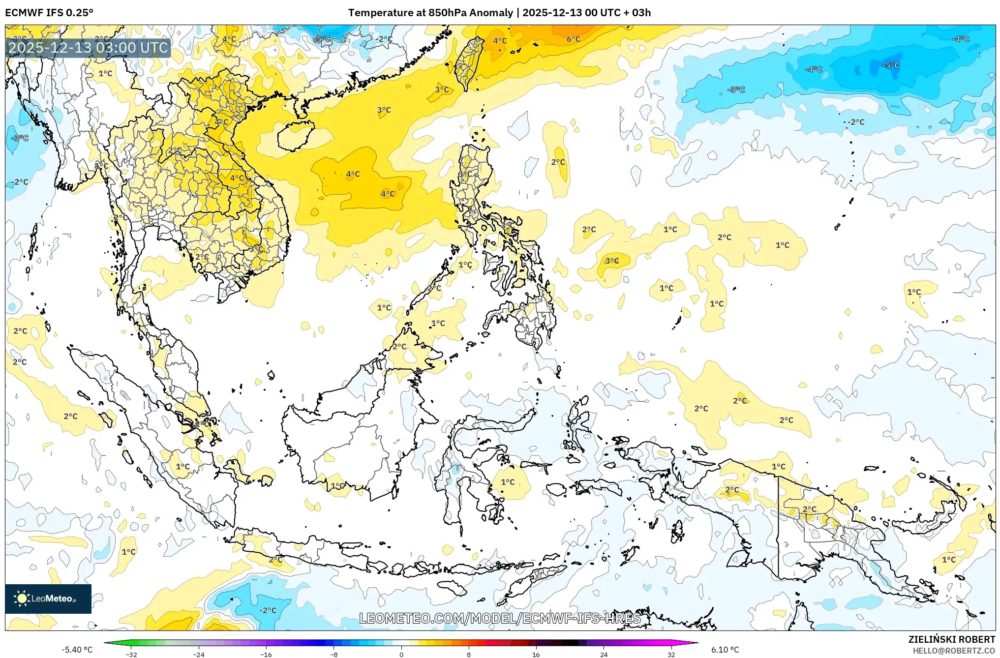 ECMWF IFS 0.25° model - South East Asia, Temperature at 850hPa Anomaly