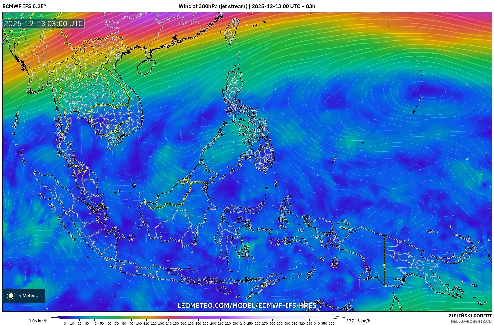 ECMWF IFS 0.25° model - Asia Tenggara, Angin 300 hPa (aliran jet)