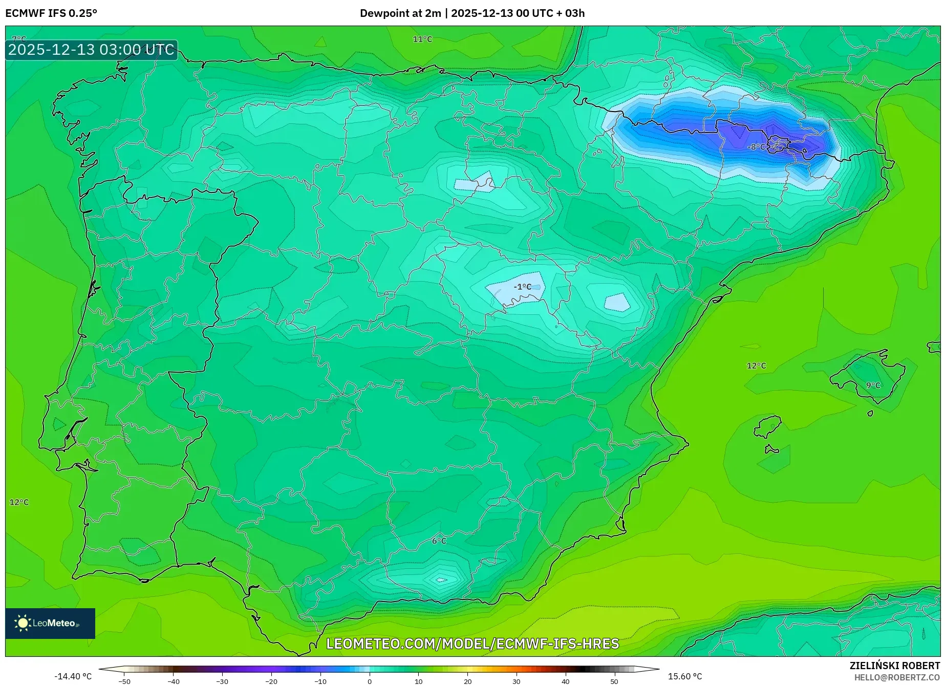 ECMWF IFS 0.25° model - Spanyol, Titik Embun 2 m
