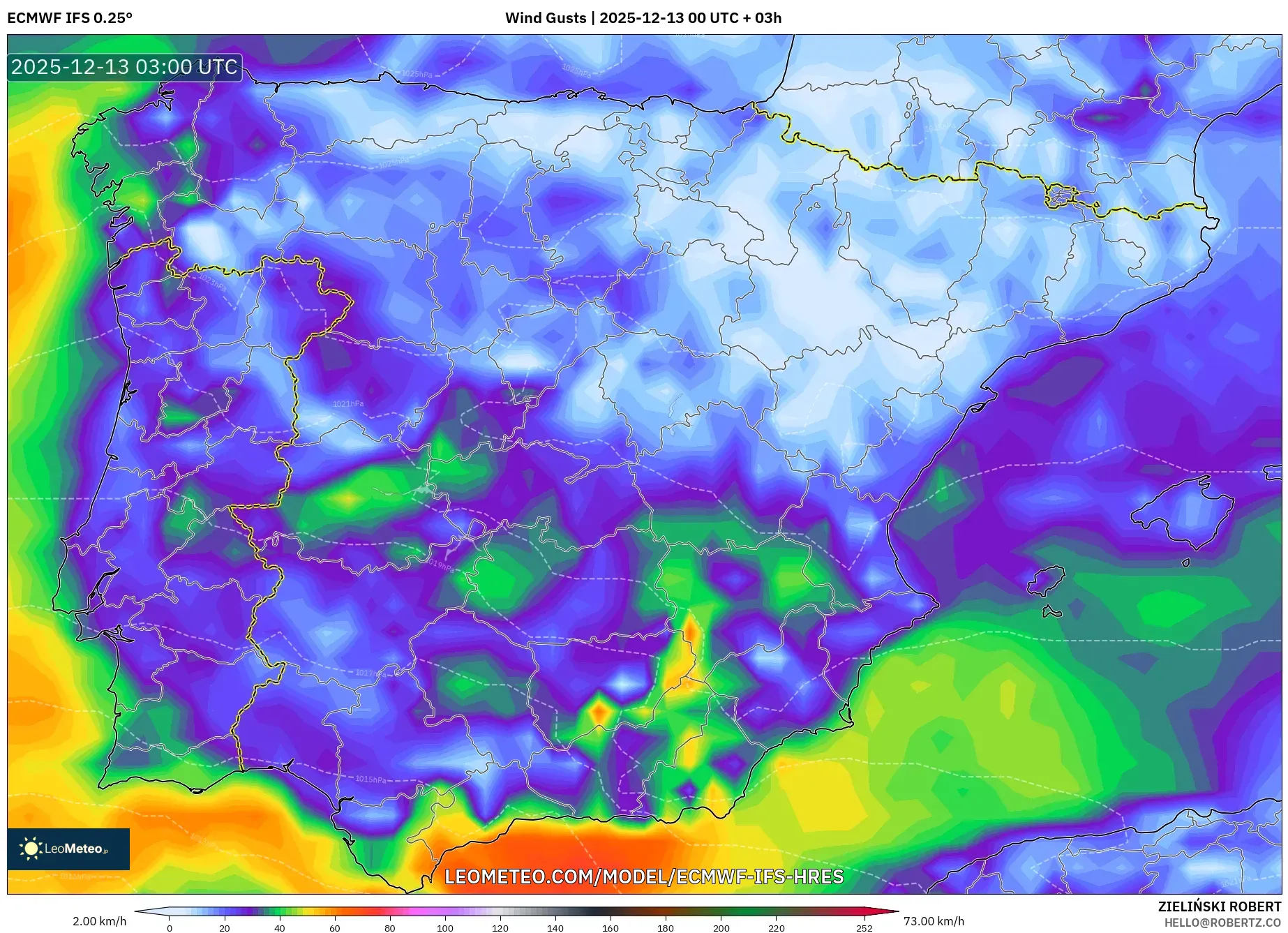 ECMWF IFS 0.25° model - Spanyol, Hembusan Angin