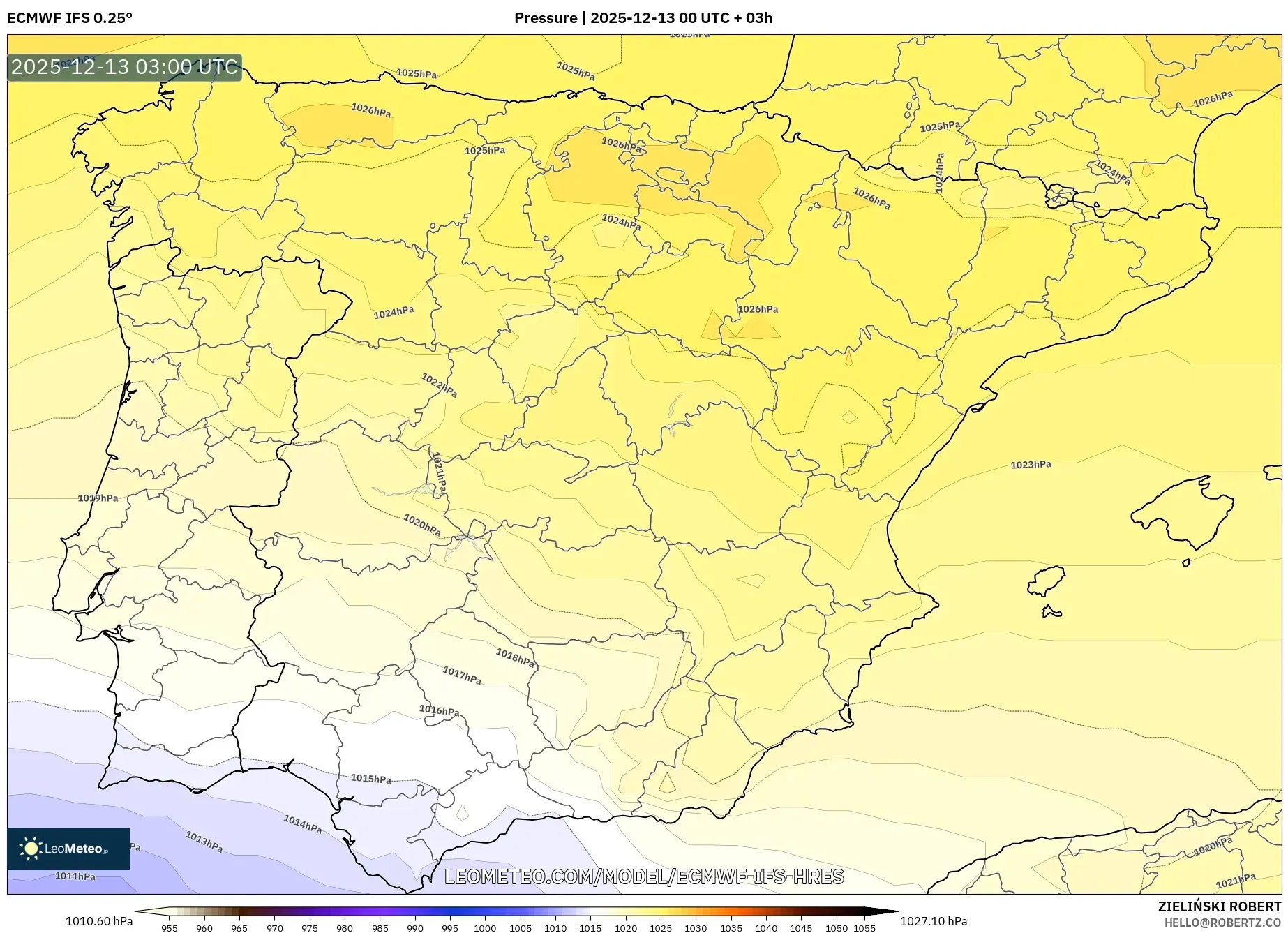 ECMWF IFS 0.25° model - Spain, Pressure