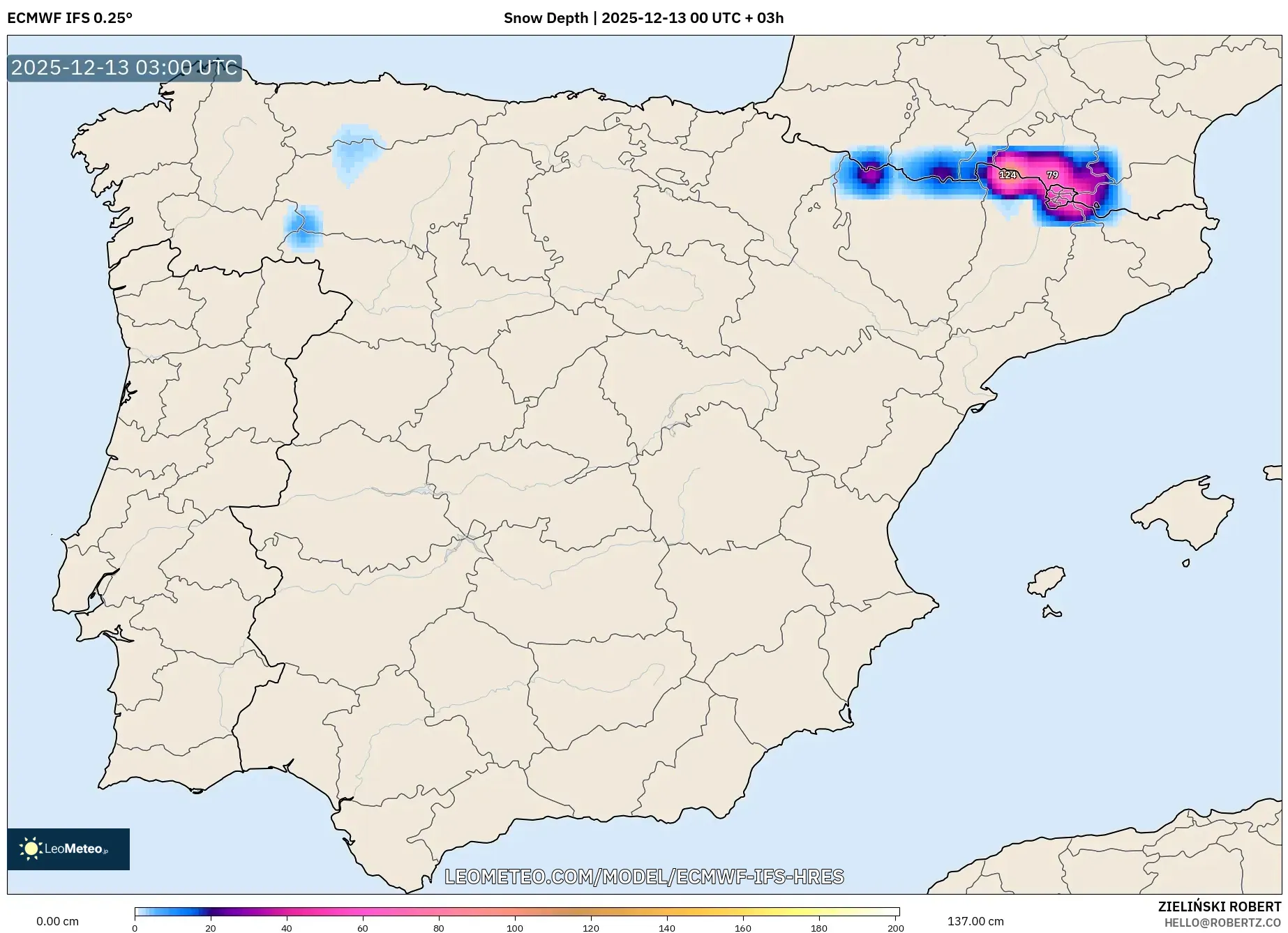 ECMWF IFS 0.25° model - Spanyol, Kedalaman Salju