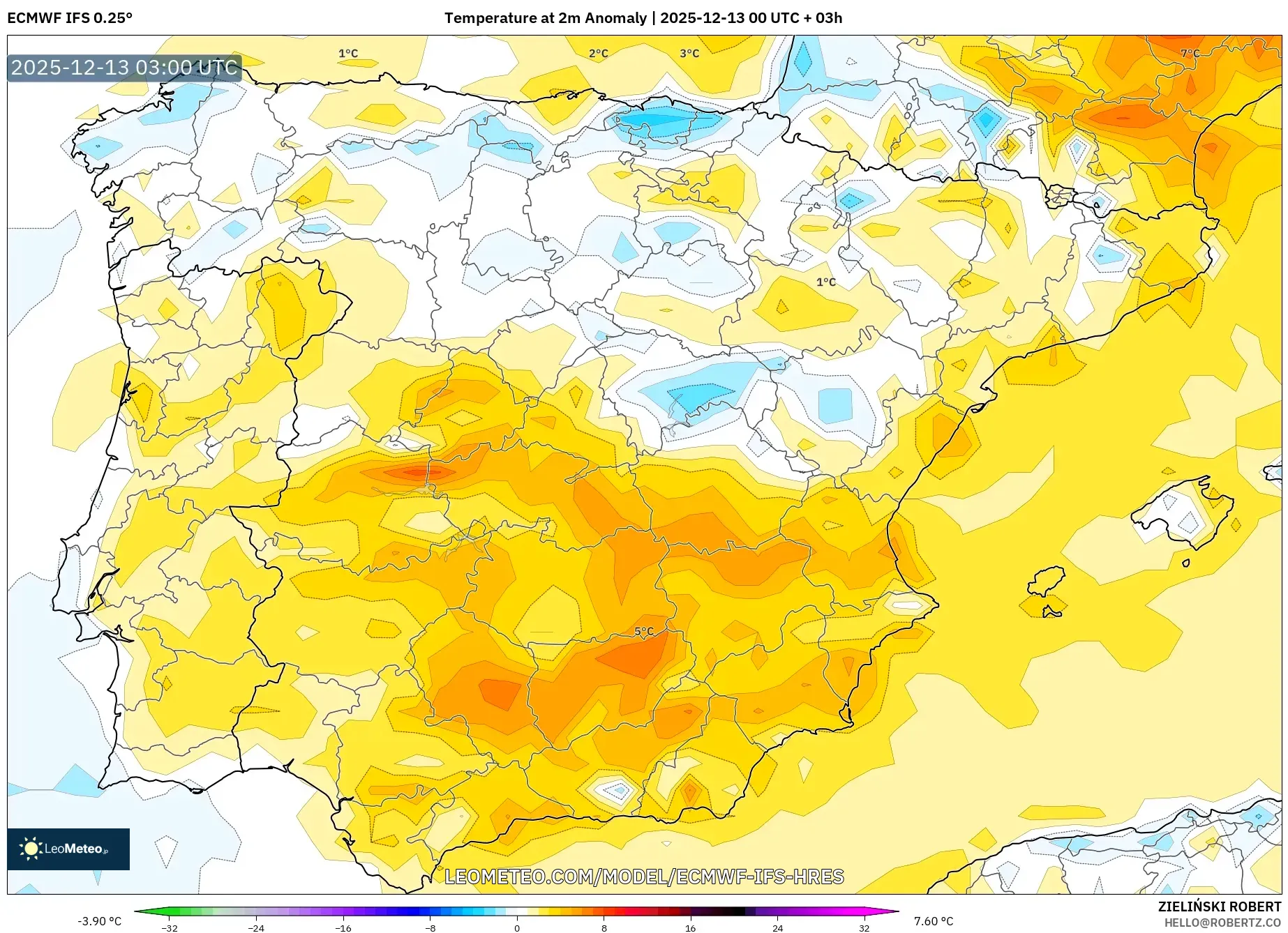 ECMWF IFS 0.25° model - Spanyol, Anomali Suhu 2 m